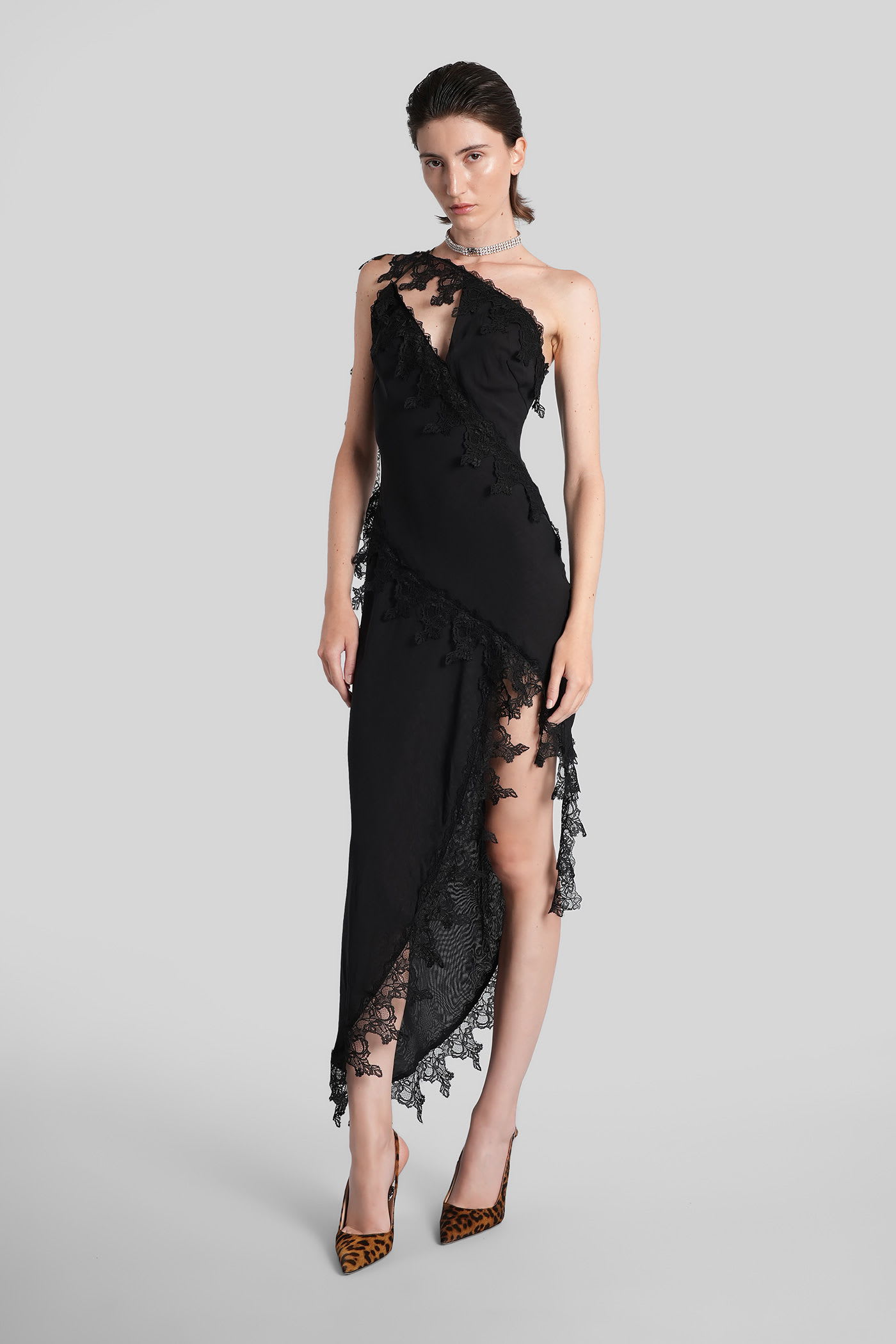 Blumarine Asymmetric Lace-trimmed Midi Dress In Black
