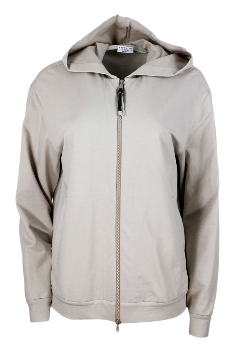 BRUNELLO CUCINELLI STRETCH COTTON SWEATSHIRT WITH HOOD AND JEWEL ON THE ZIP PULLER
