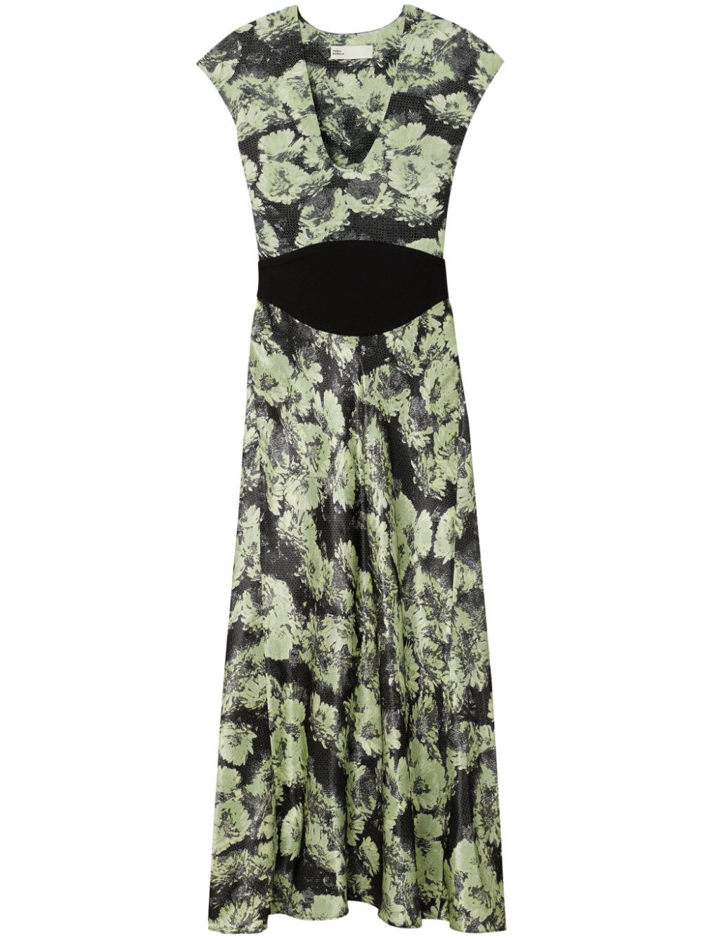 Tory Burch Floral Pattern Midi Dress With Cap Sleeves In Green