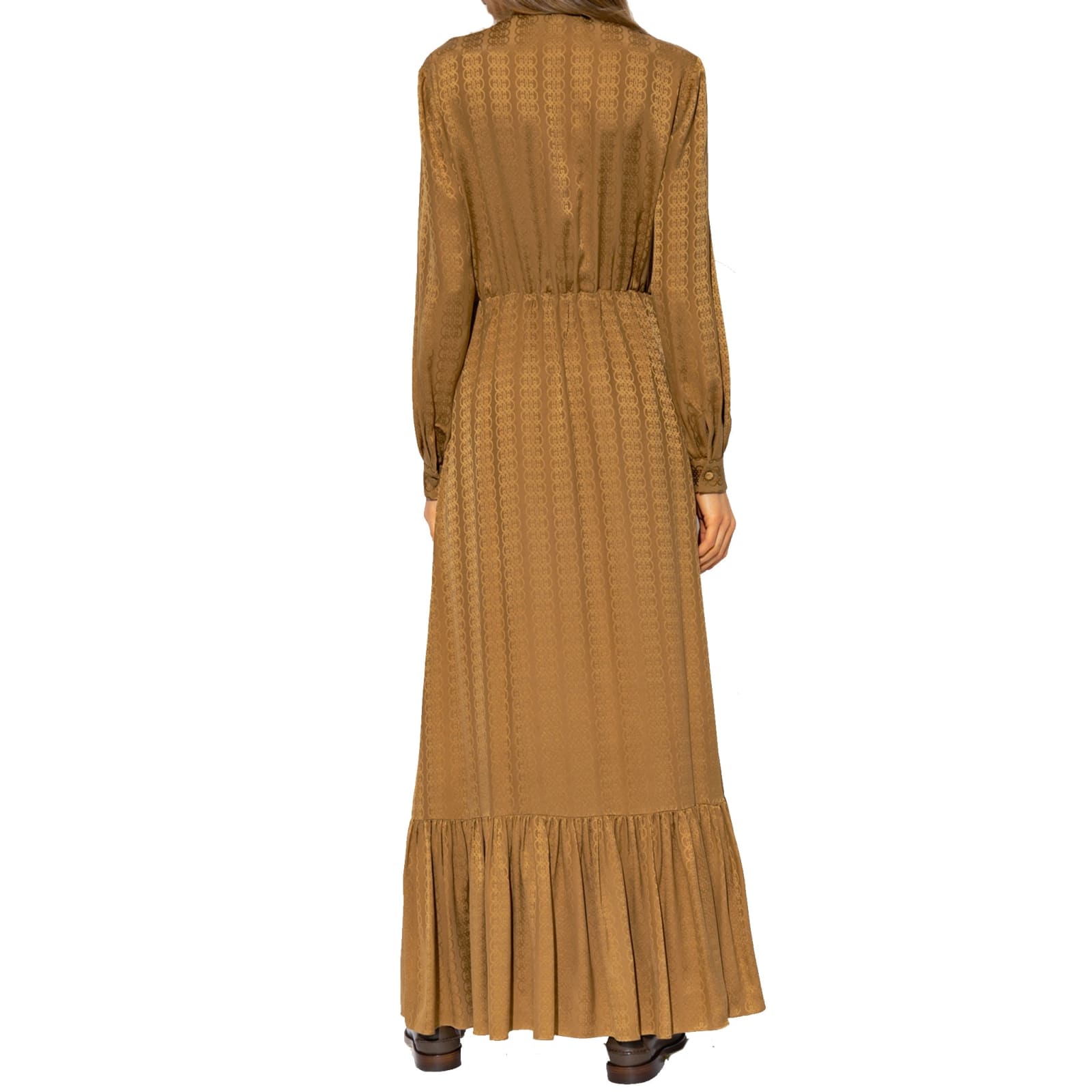 Shop Gucci Silk Logo Midi Dress In Brown