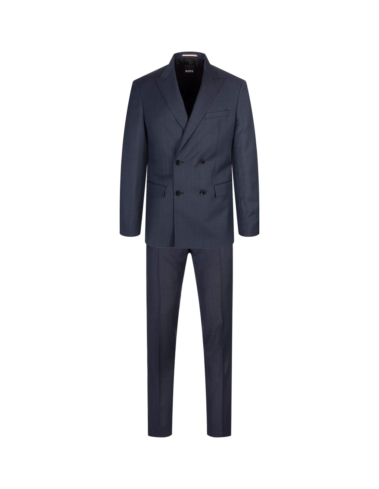 Slim Fit Double-breasted Suit In Dark Blue Wool With Micro-motif