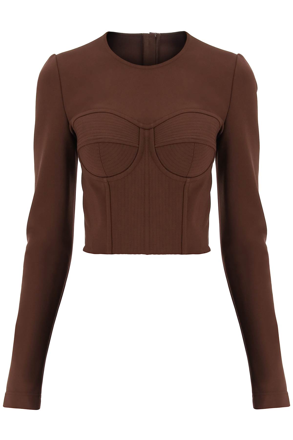 Dolce & Gabbana Long Sleeve Crop Stretch Jersey Corset Top In Brown