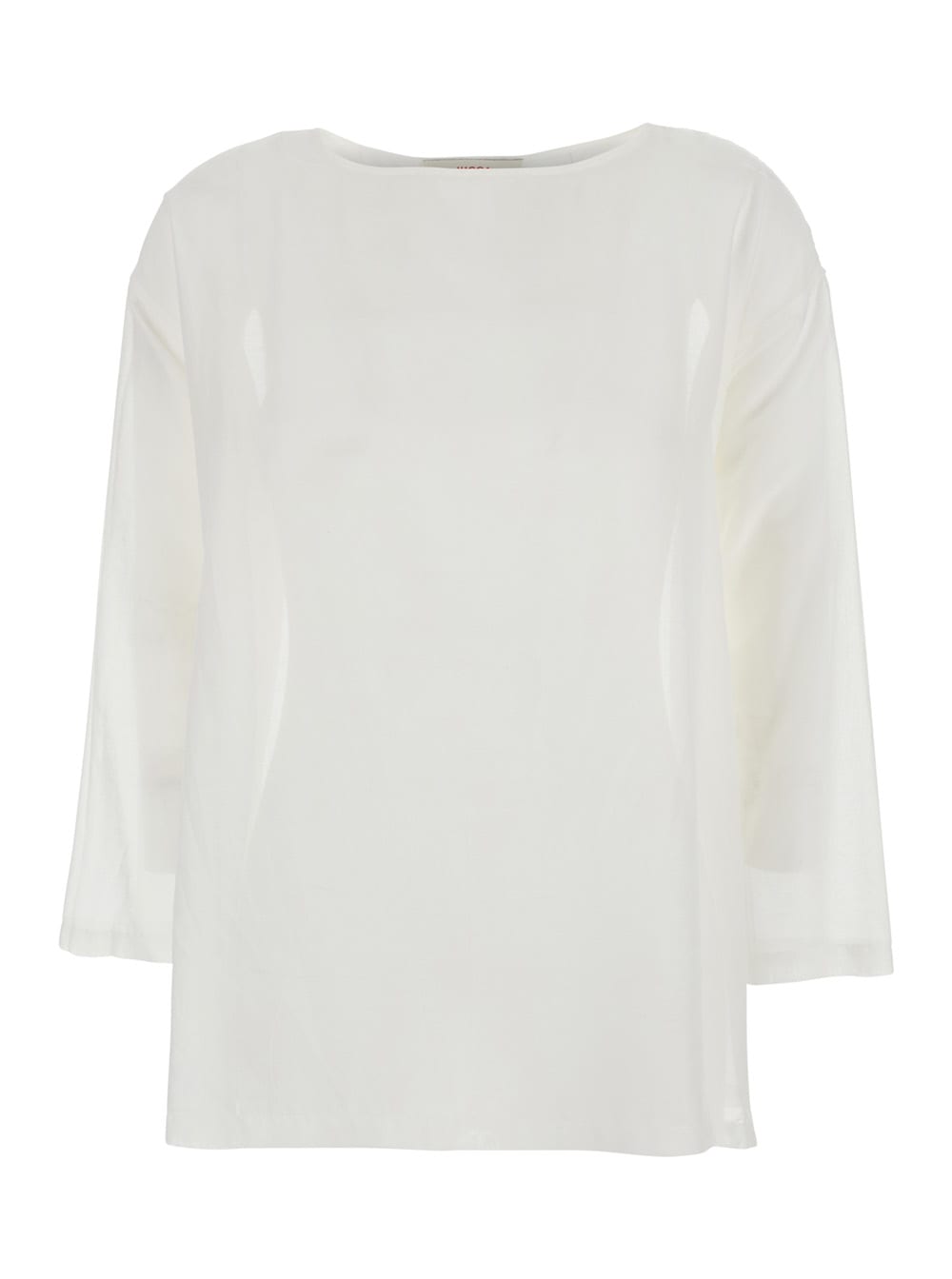 White Blouse With Round Neckline And Dropped Shoulders In Cotton And Silk Blend Woman