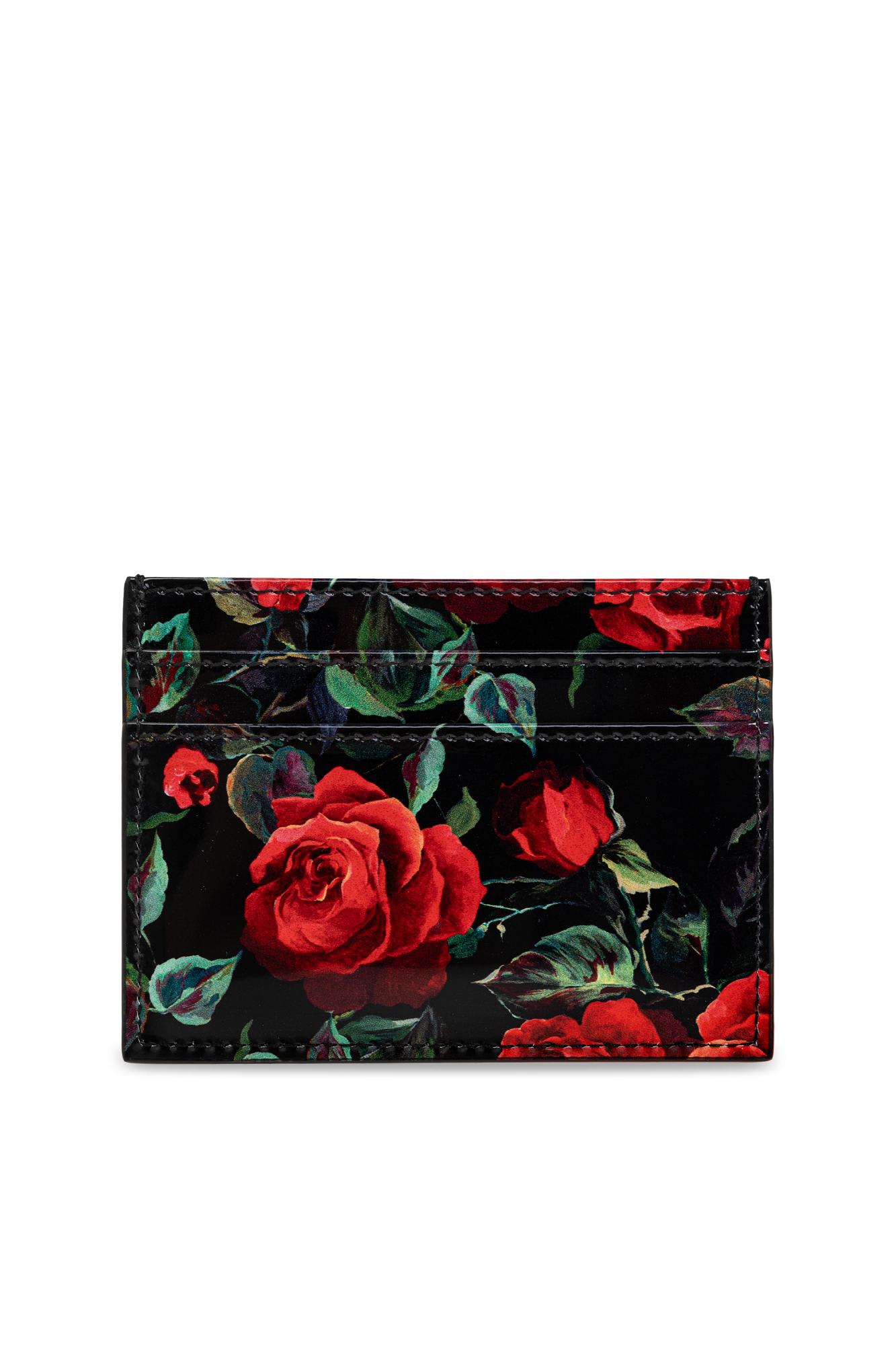 Dolce & Gabbana Polished Calfskin Rose Print Card Holder Accessories In Red