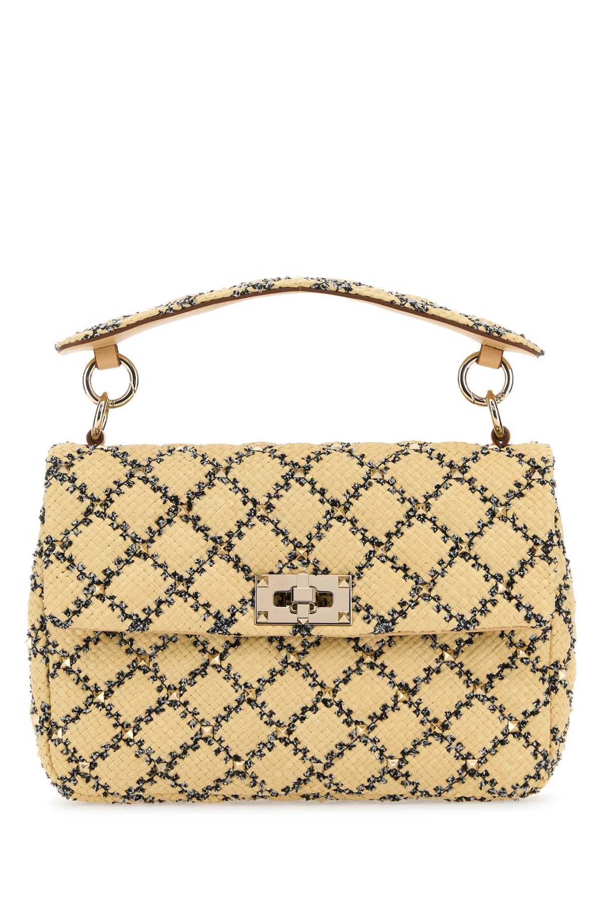 Shop Valentino Raffia Rockstud Handbag In Naturalenerosaharabeige