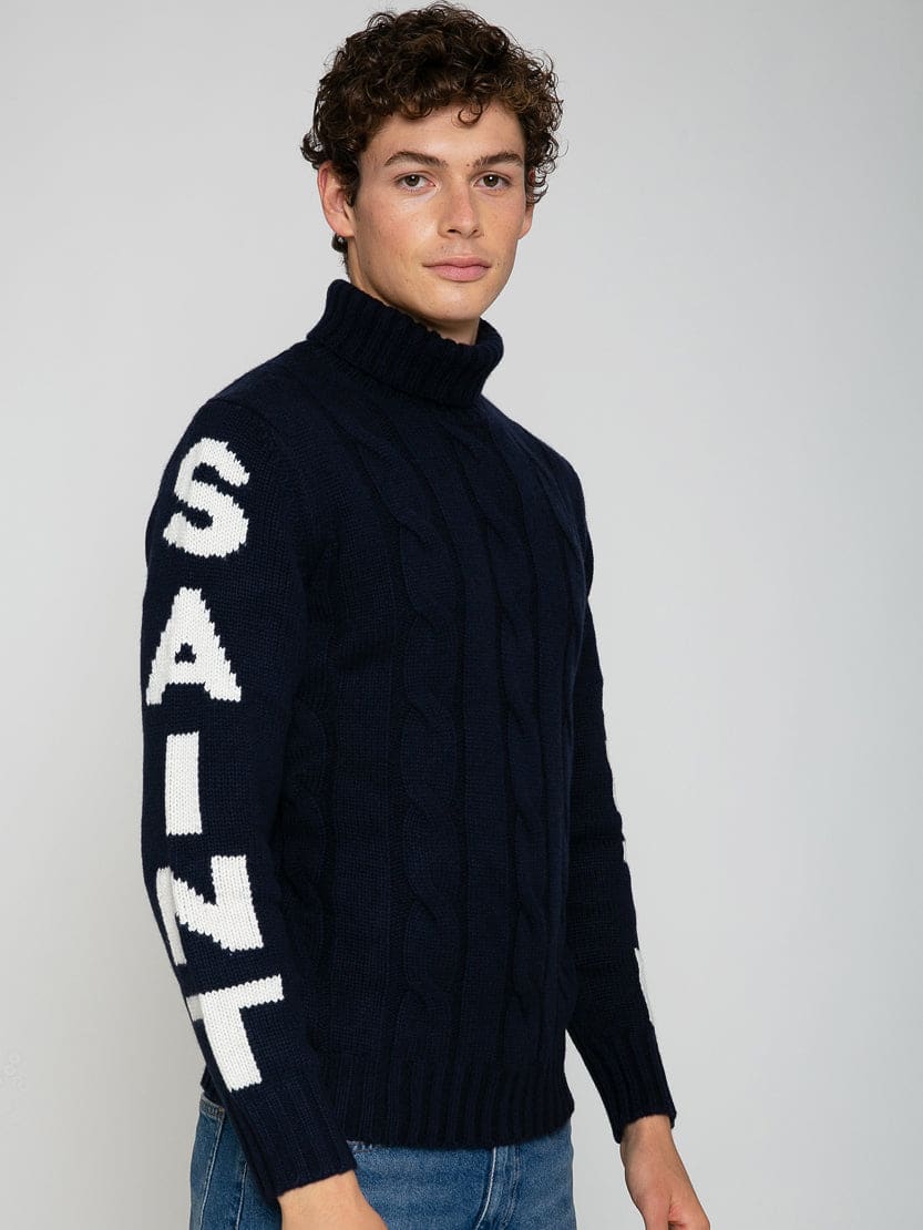 Mc2 Saint Barth Man Navy Blue Cable Knit Sweater Fisherman With Saint Barth Jacquard In Blue