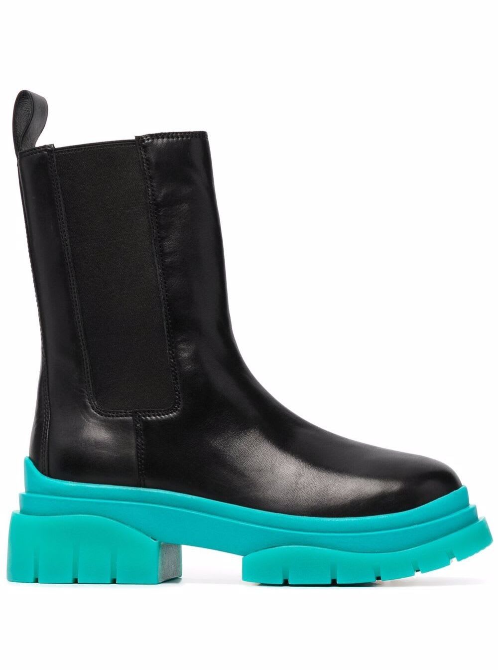 Ash Black Leather Boots With Light Blue Chunky Sole