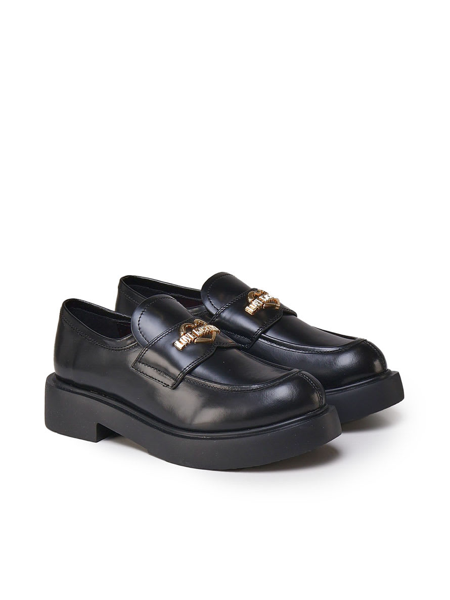 Shop Love Moschino Leather City Loafers In Black