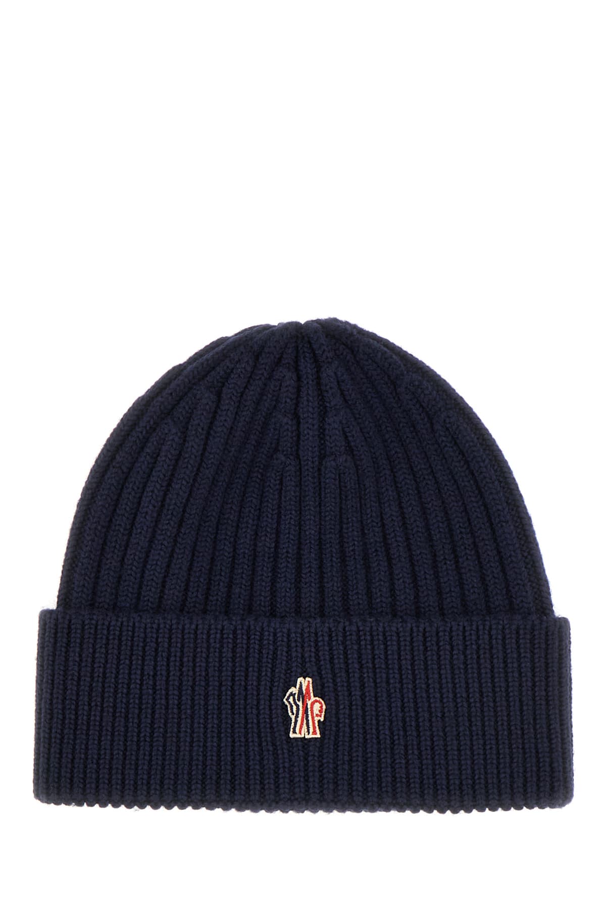 Shop Moncler Navy Blue Wool Beanie Hat In Dark Brown