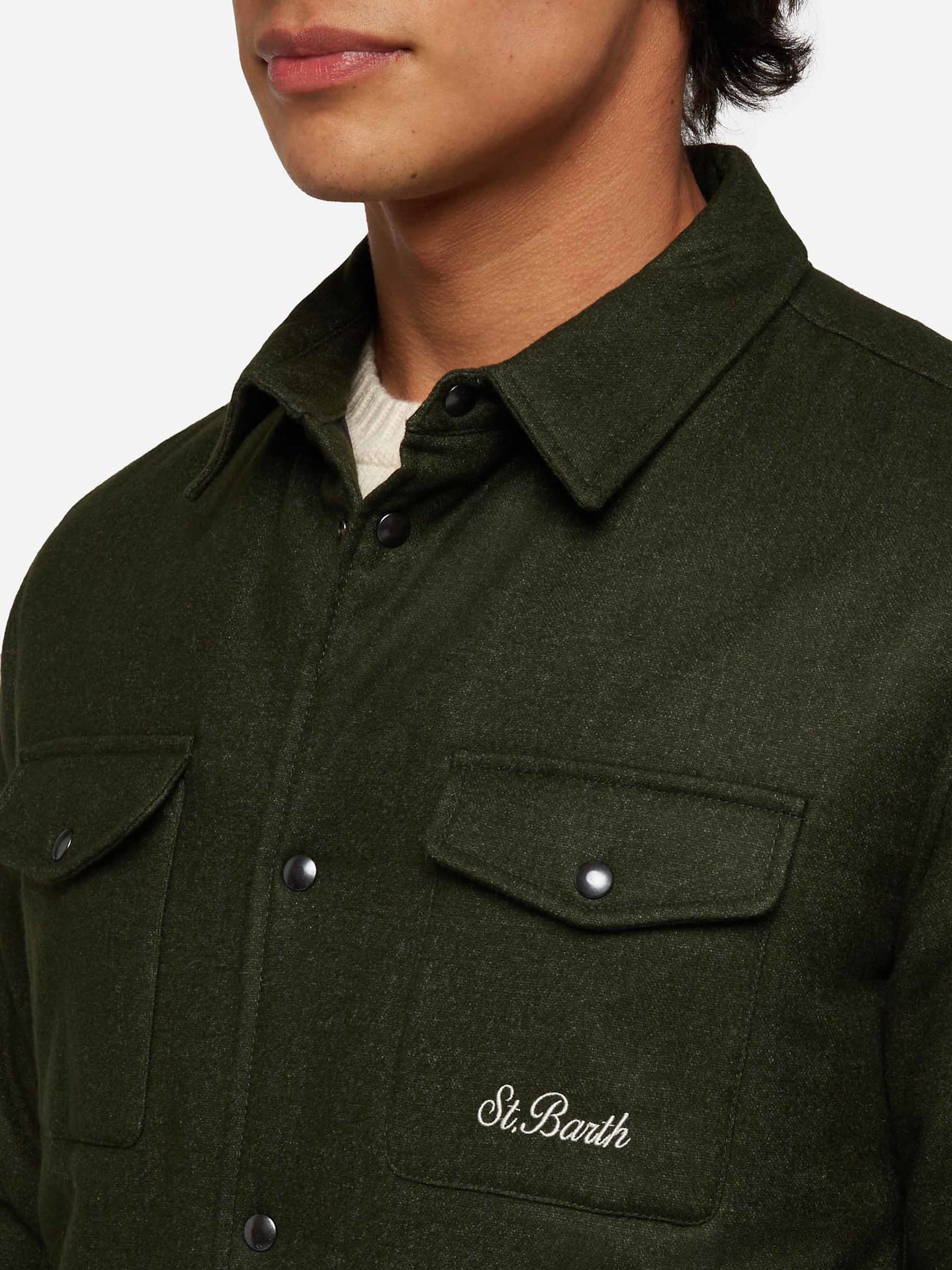 Mc2 Saint Barth Wooly Green Overshirt Chalet With St. Barth Embroidery In Green