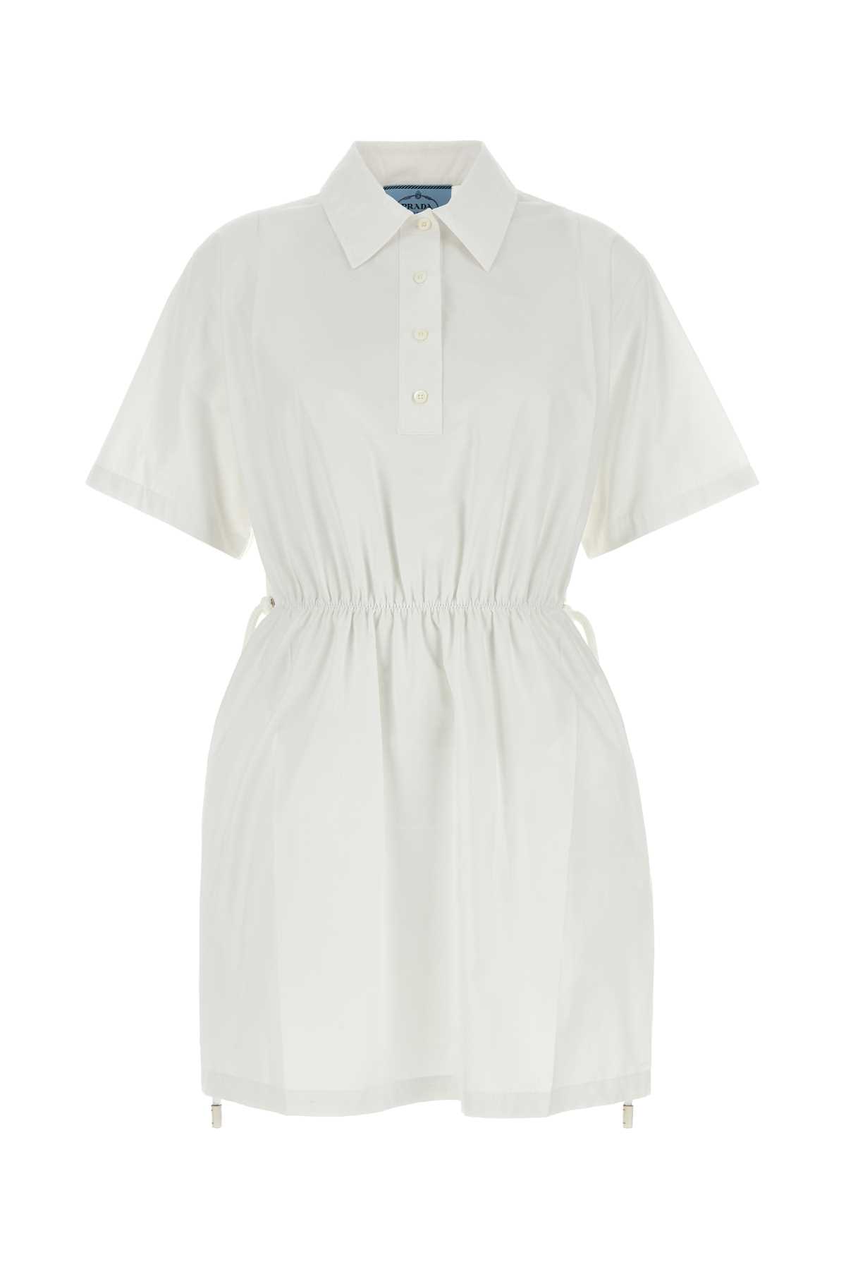 Prada Womens White Gathered-waist Classic-collar Cotton Mini Dress In Bianco