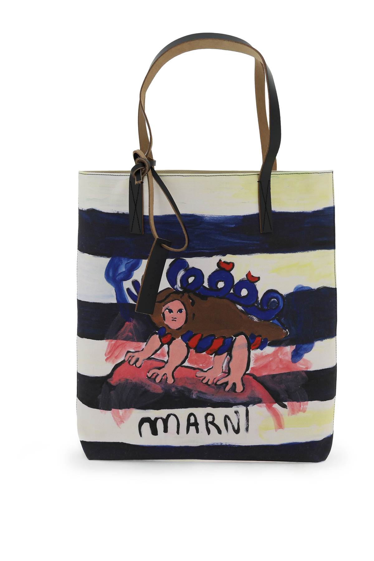 Marni Printed Cotton Tote Bag In Blublack (blue)