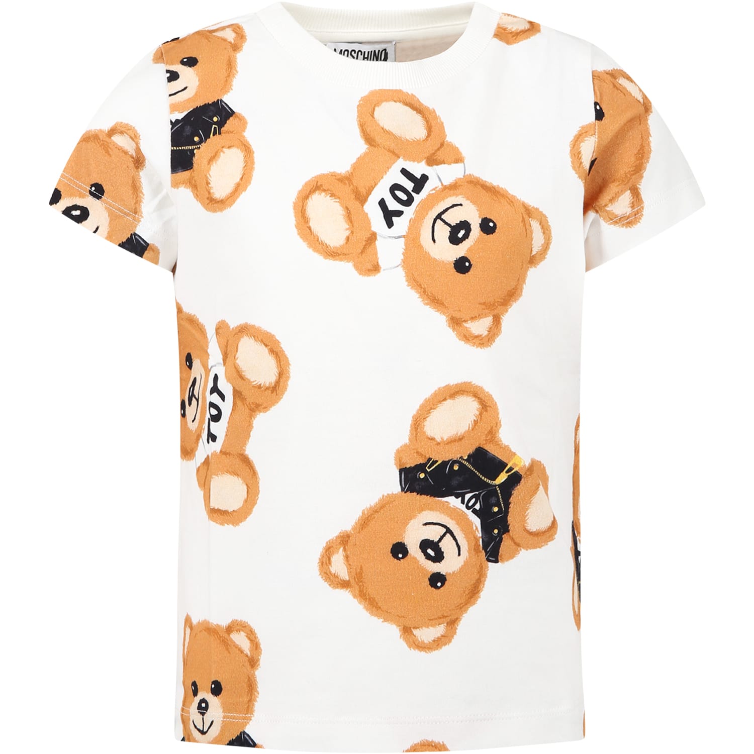 MOSCHINO WHITE T-SHIRT FOR KIDS WITH LOGO AND TEDDY BEAR ALL-OVER