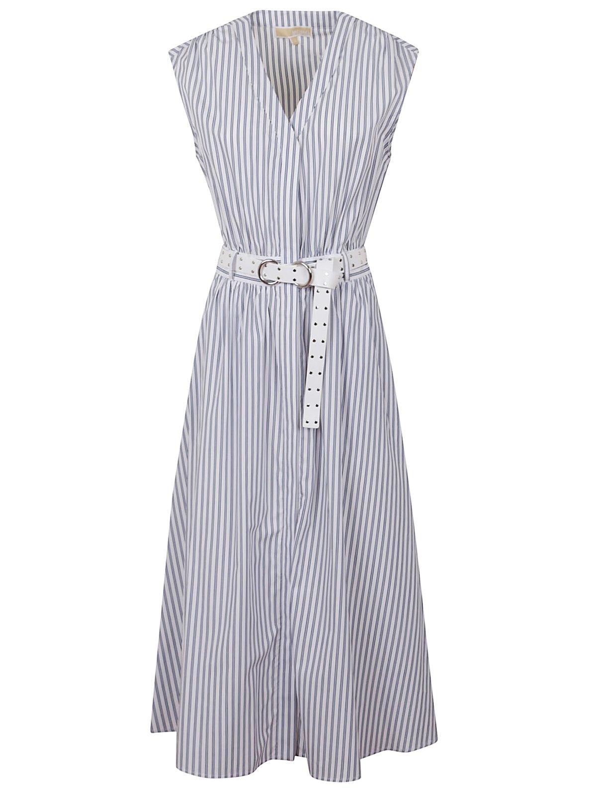 Michael Kors Striped Poplin Belted Midi Dress