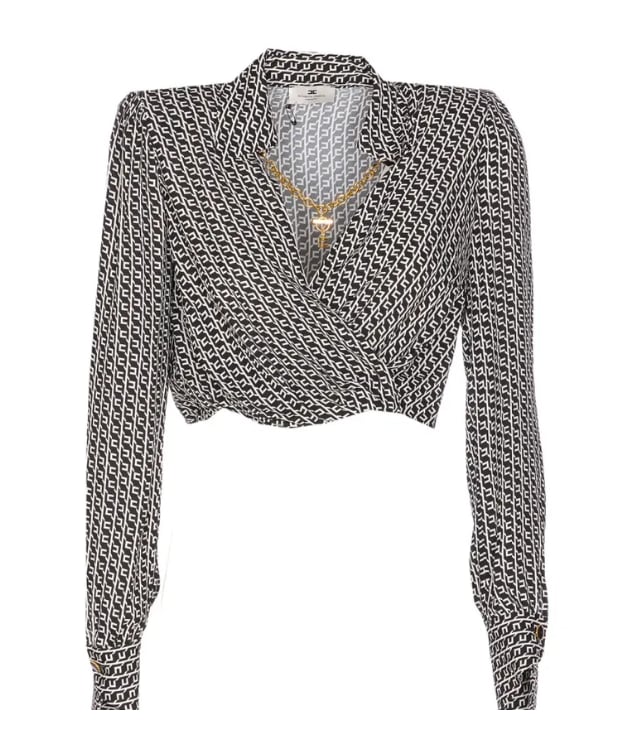 Elisabetta Franchi Cropped Wrap Front Shirt With Neckline Detail In Black
