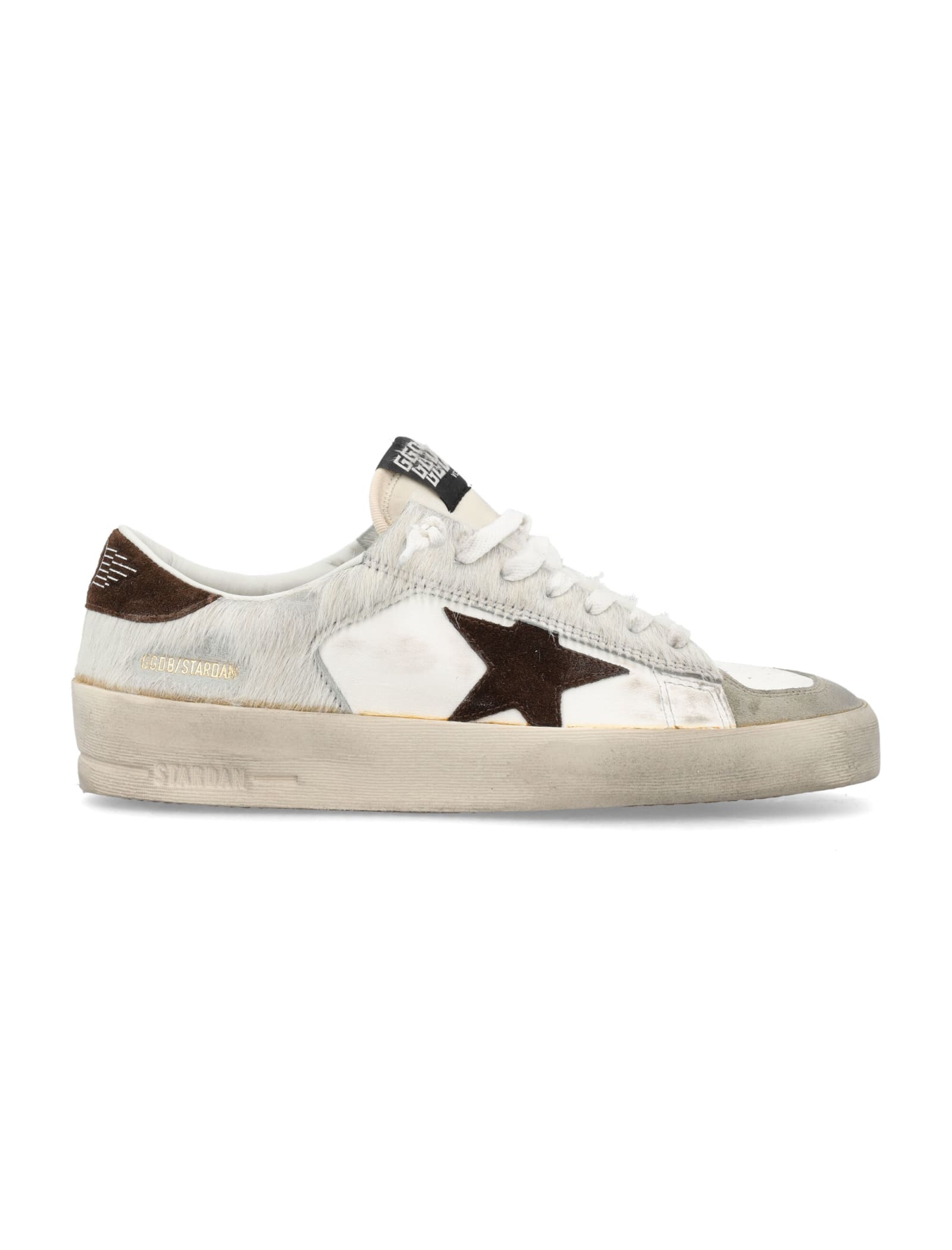 Golden Goose Mens Stardan In Nappa And Pony Skin With Brown Suede Star In Cream/taupe/white