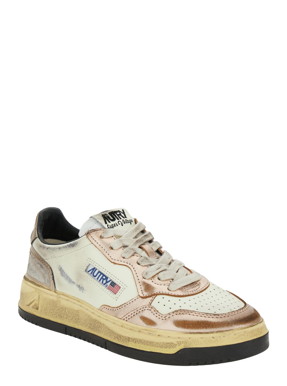 Autry 'super Vintage' White And Metallic Low Top Sneakers With Logo Detail In Metallic