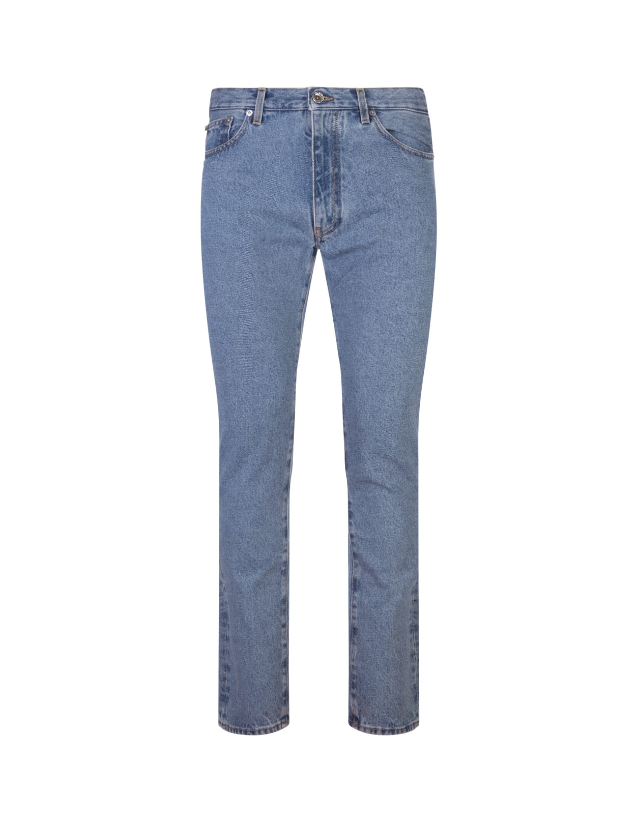 Off-White Man Slim Fit Jeans In Medium Blue Denim With Diagonals