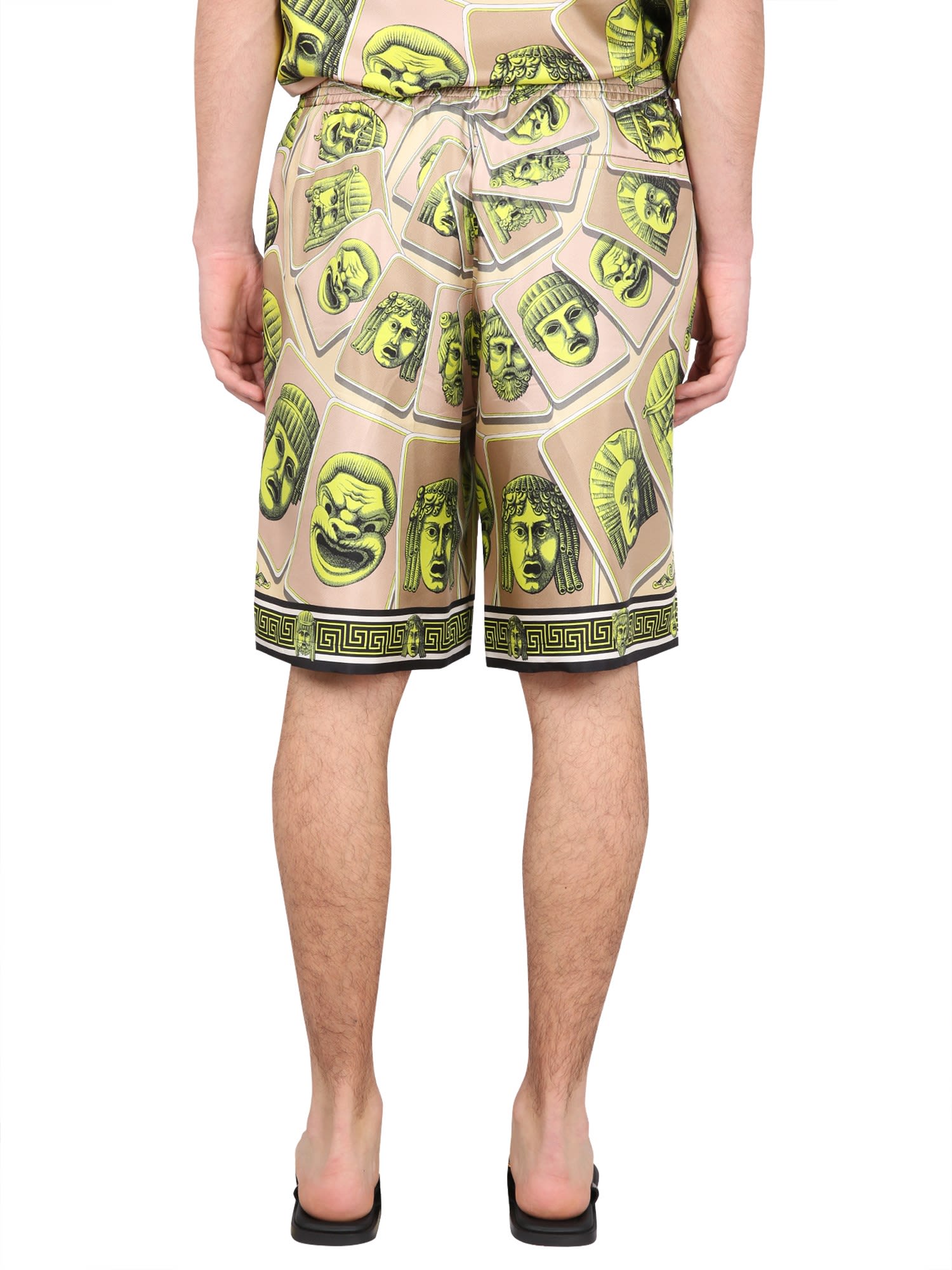 Versace Twill Silk Shorts Masks Print Detail In Acid Green Moonstruck