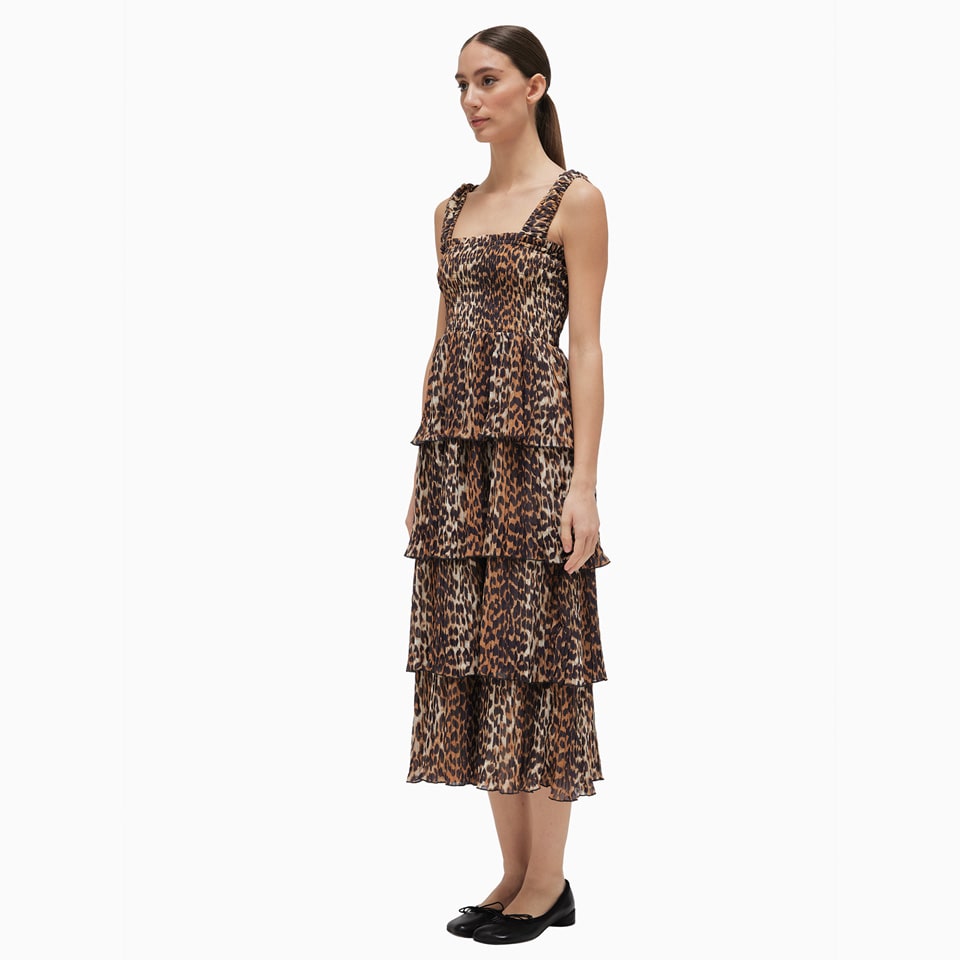 Shop Ganni Pleated Georgette Flounce Dress In Brown
