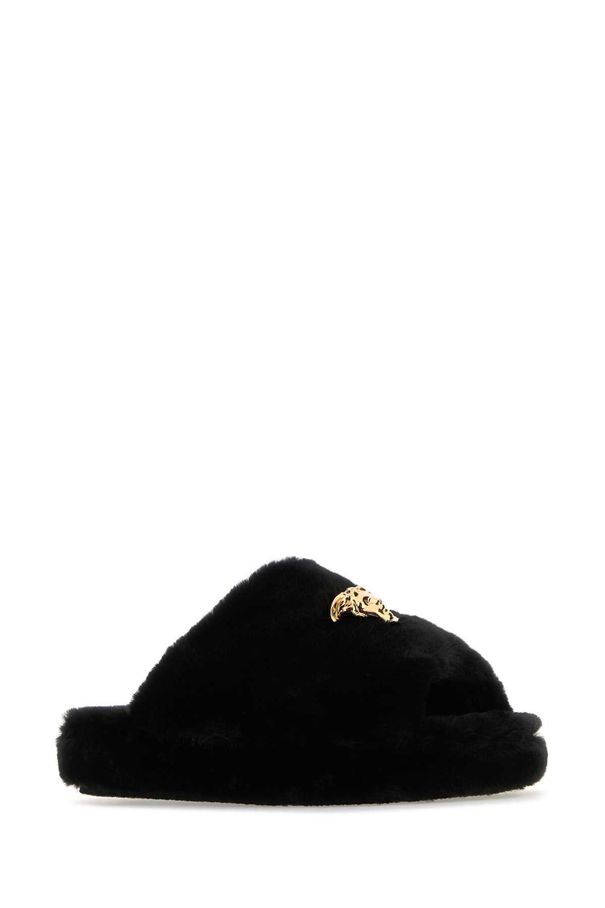 Shop Versace Black Eco Fur Slippers In Z1008