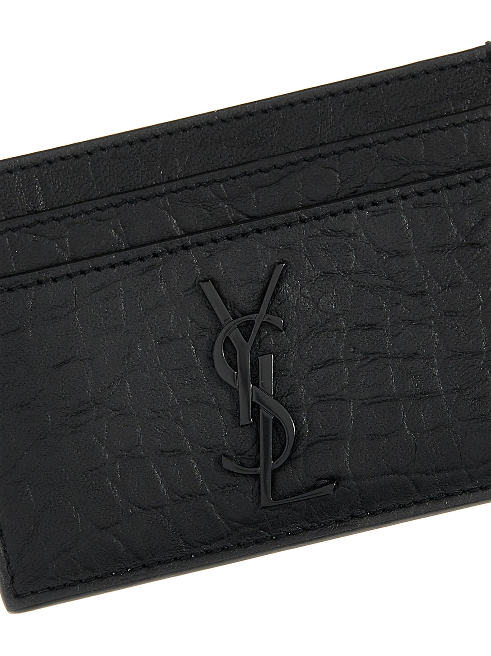 Saint Laurent Cassandre Croc-embossed Leather Cardholder In Black