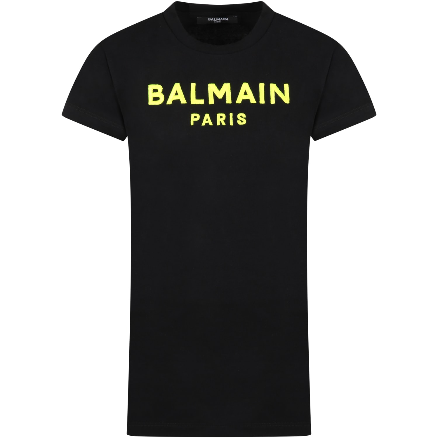 Balmain Black Dress For Girl With Neon Yellow Logo
