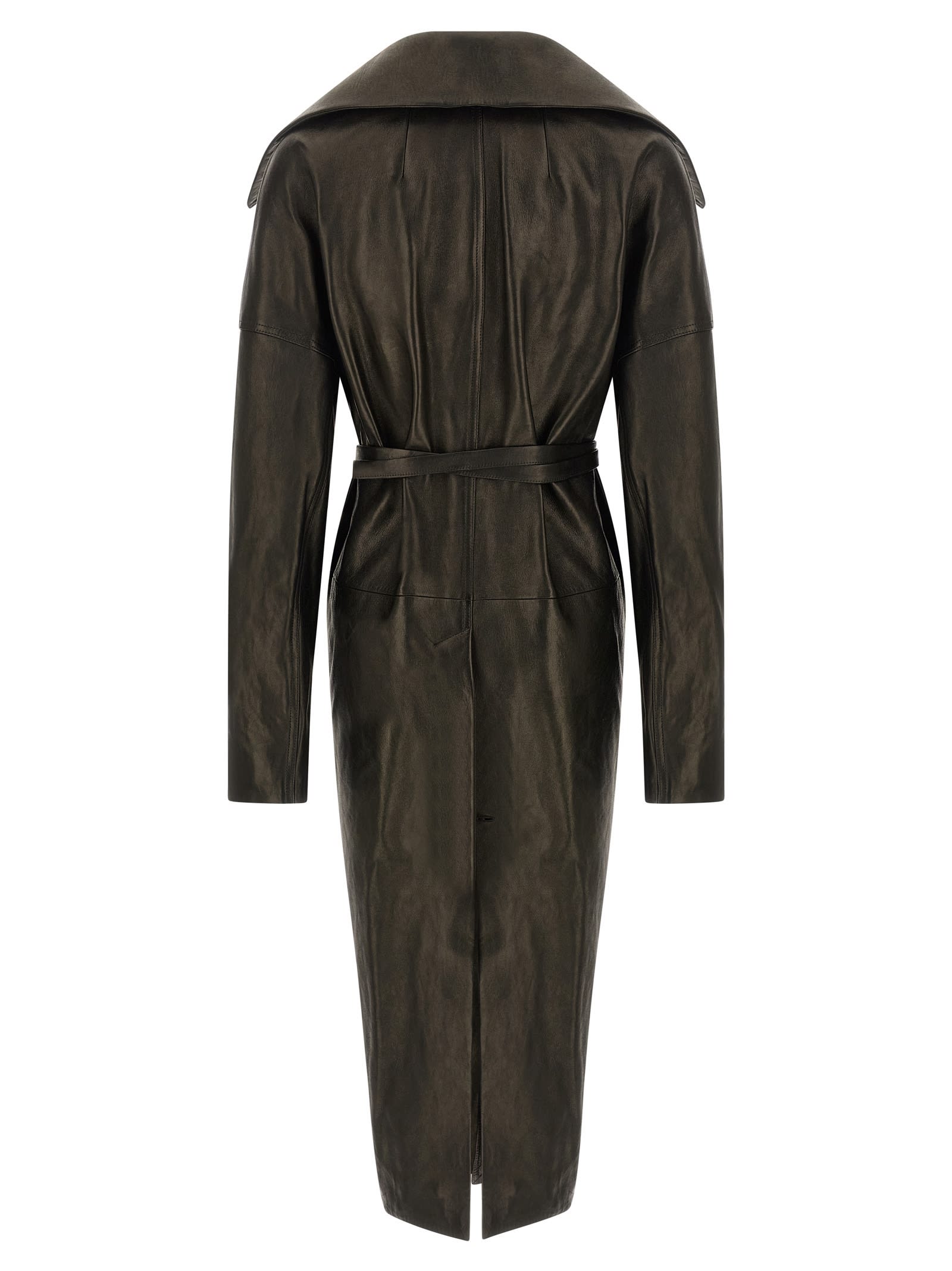 Rick Owens Dracucollar Belted Leather Coat In Green