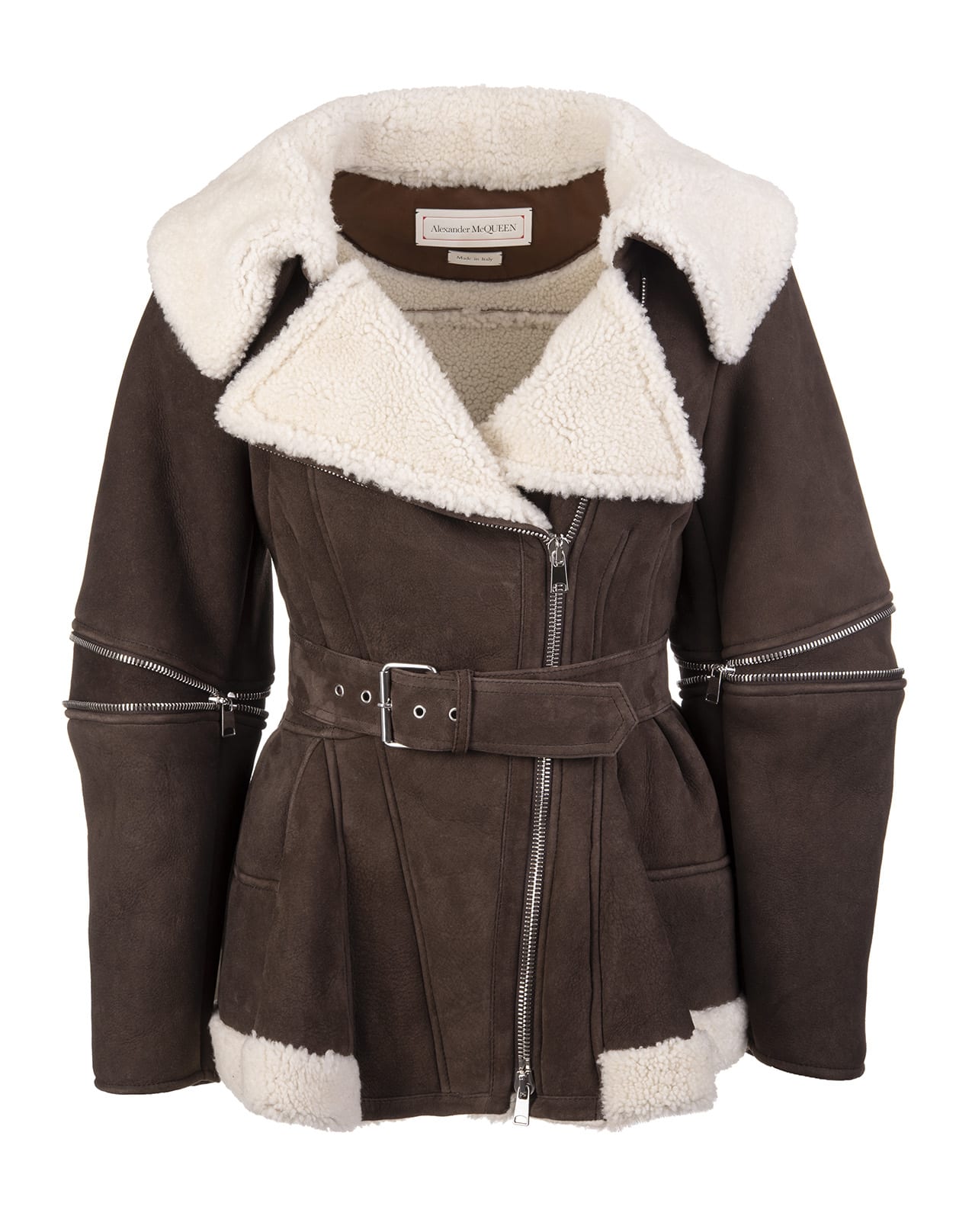 Alexander McQueen Woman Brown And White Leather And Shearling Peplum Jacket
