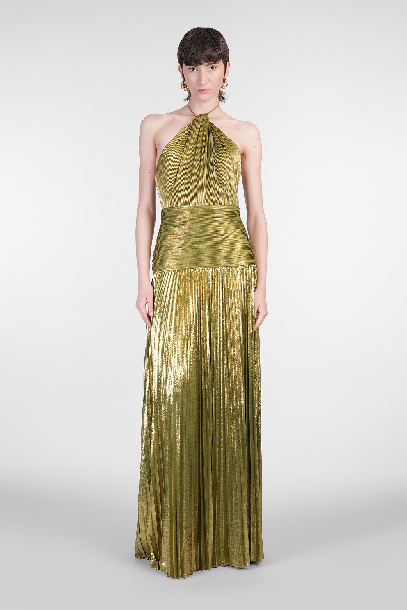 Retroféte Thalia Pleated Metallic Halter Side-slit Drop-waist Maxi Dress