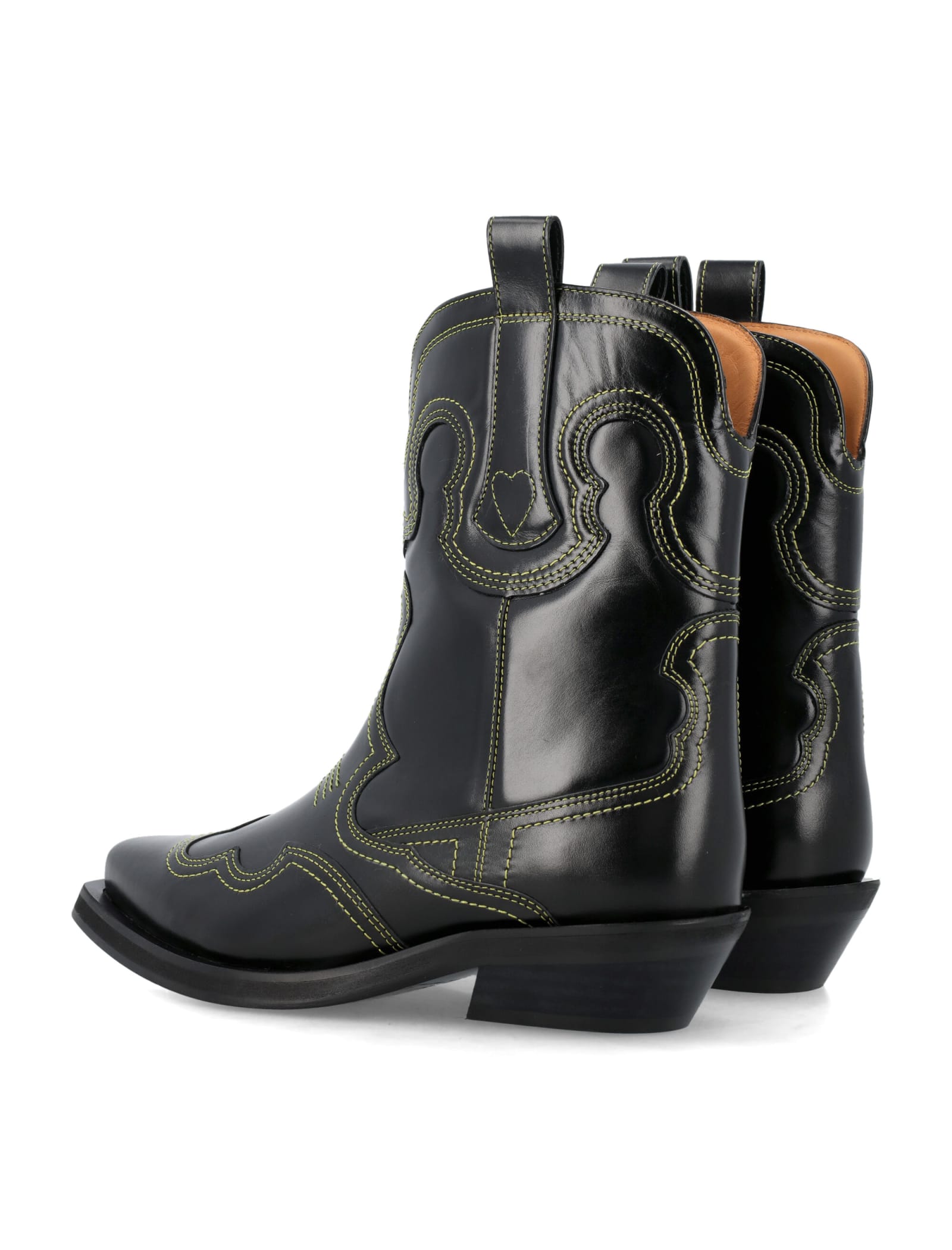 Shop Ganni Embroidered Low Western Boots In Black Yellow