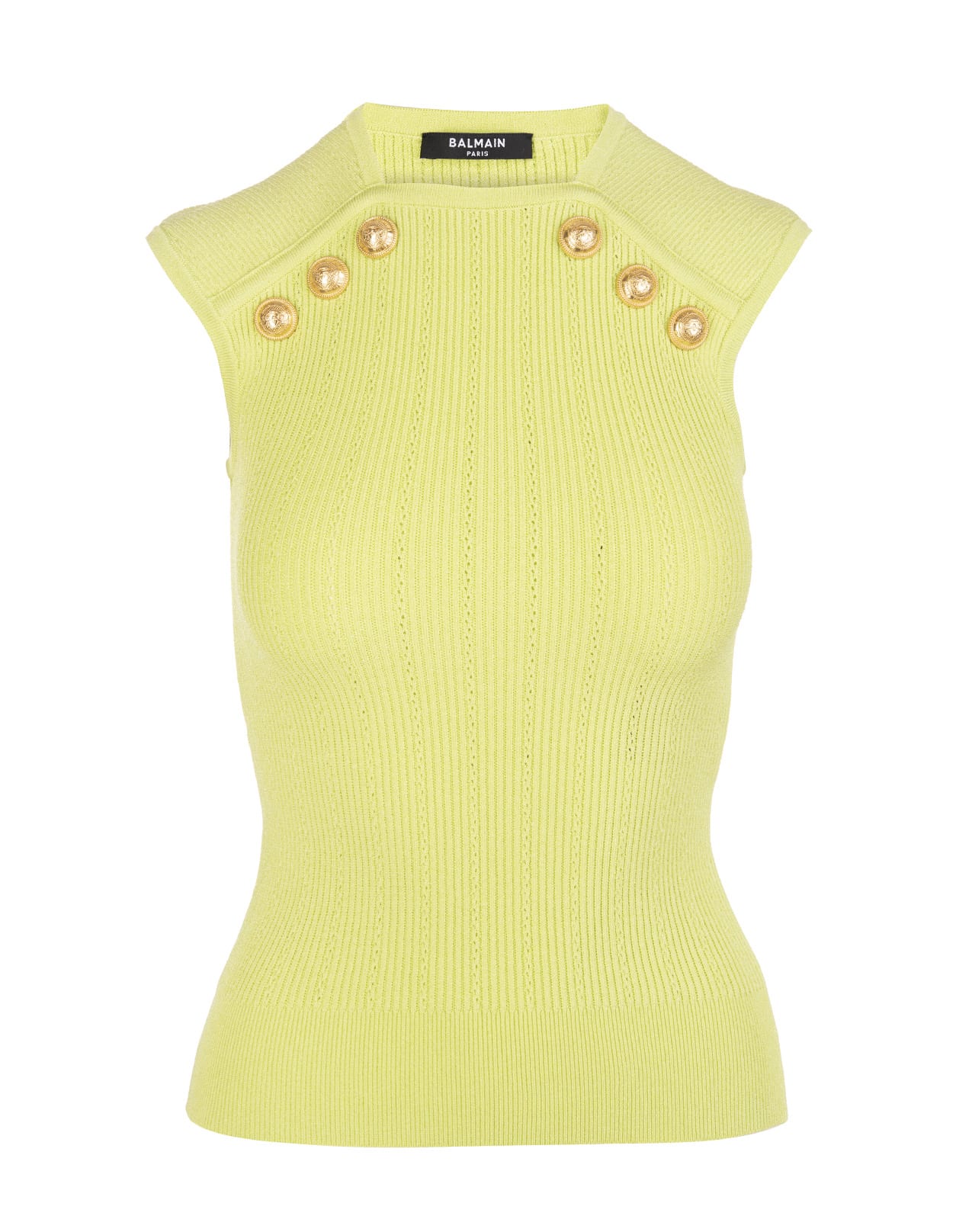 Balmain Lime Green Knitted Top With Golden Buttons