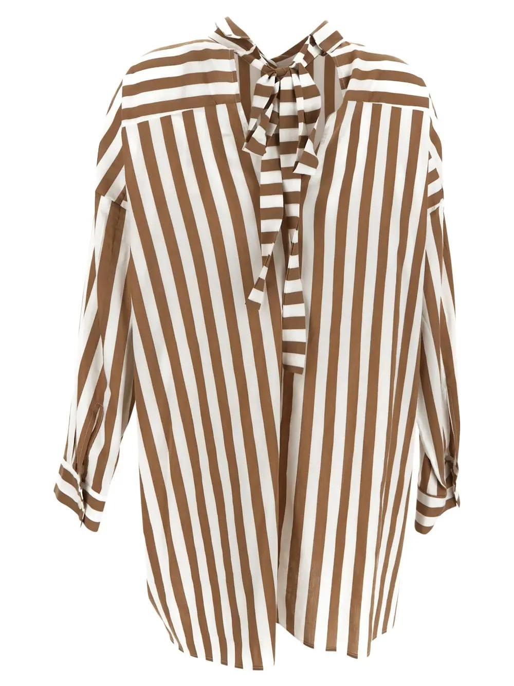 Shop Semicouture Striped Cotton Long Shirt In Beige