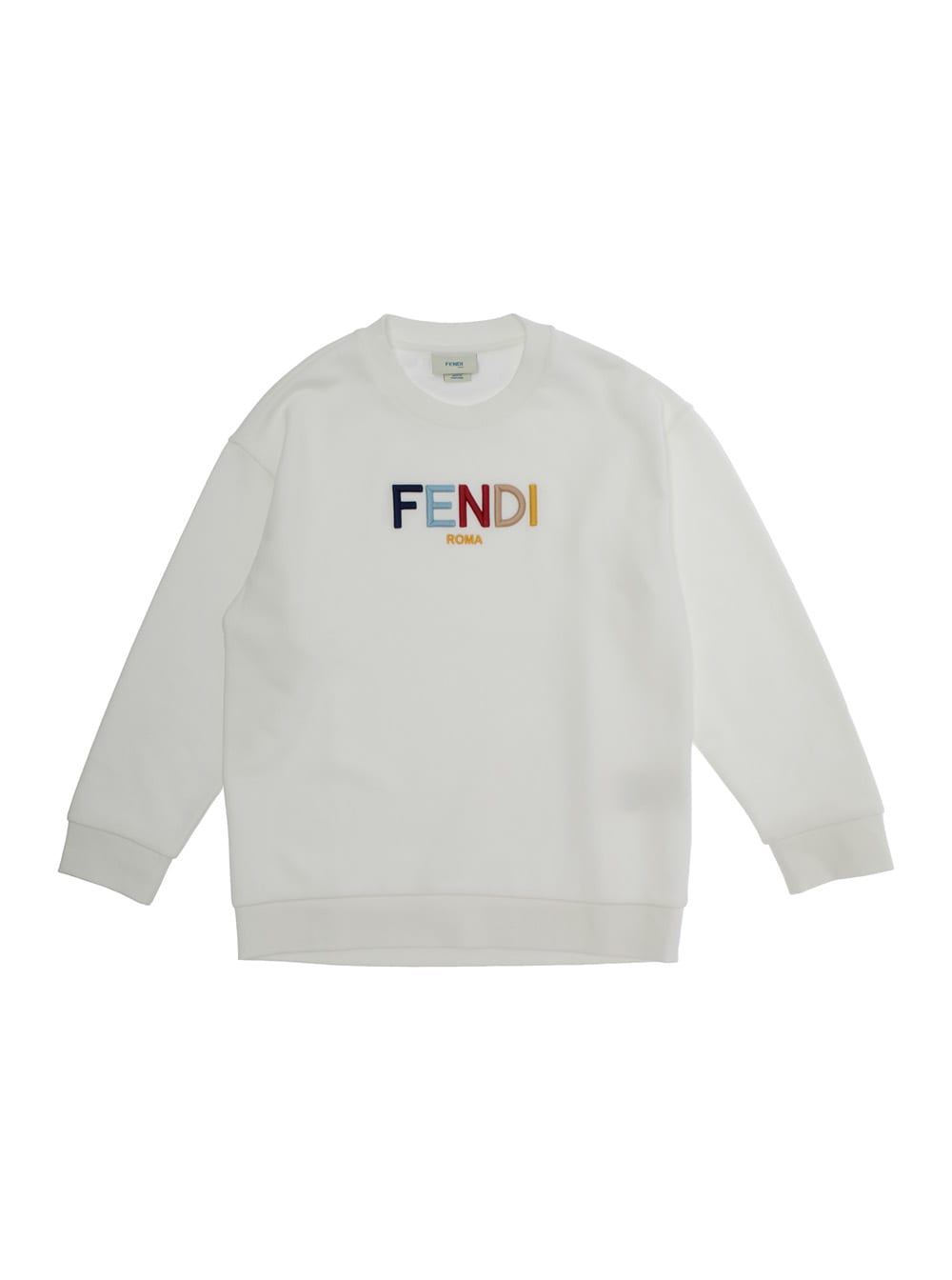 FENDI WHITE CREWNECK SWRATSHIRT WITH MULTICOLOR LOGO LETTERING IN COTTON BOY 