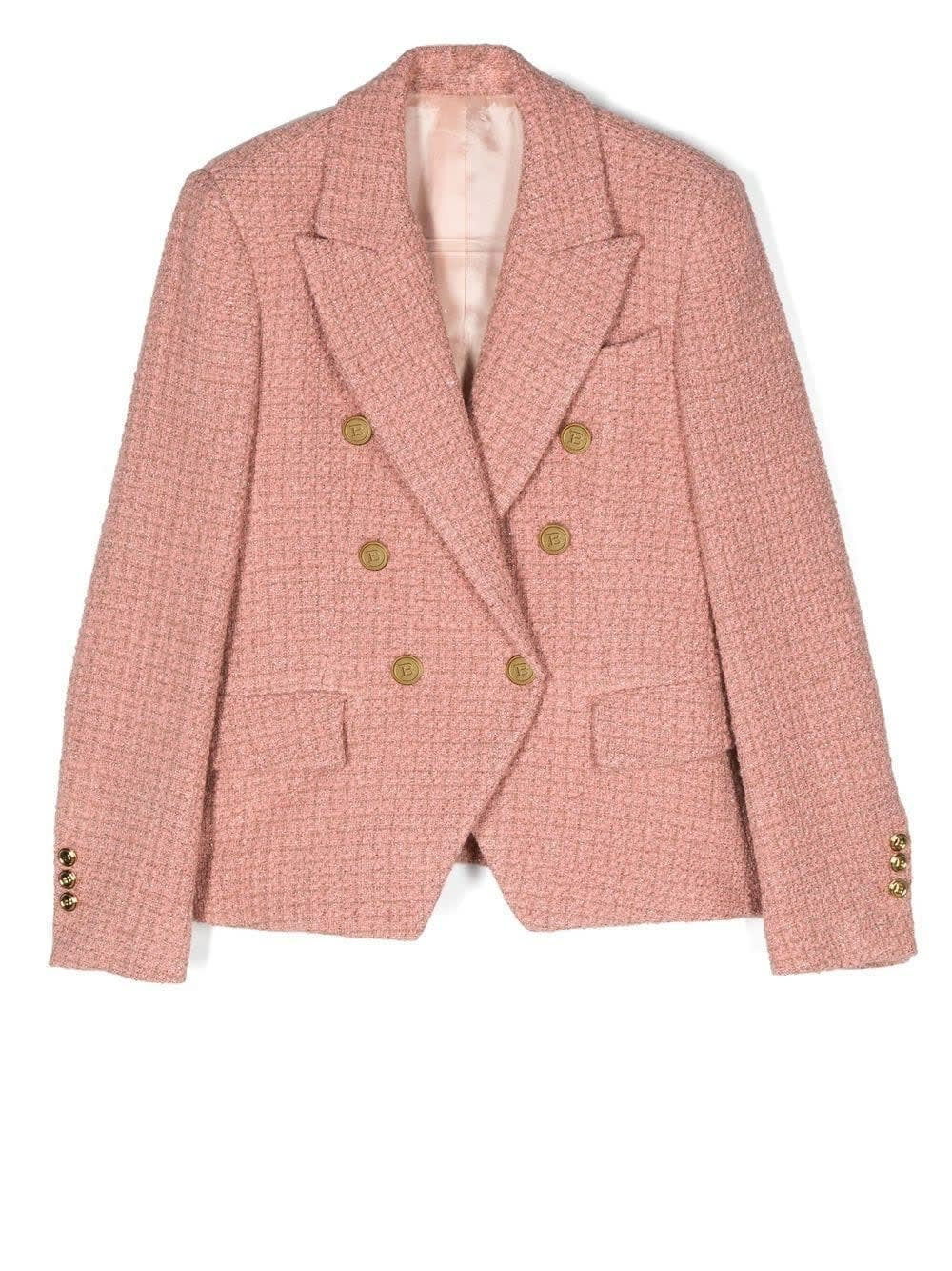 Balmain Kids Double-breasted Blazer In Light Pink Tweed With Embossed Gold Buttons
