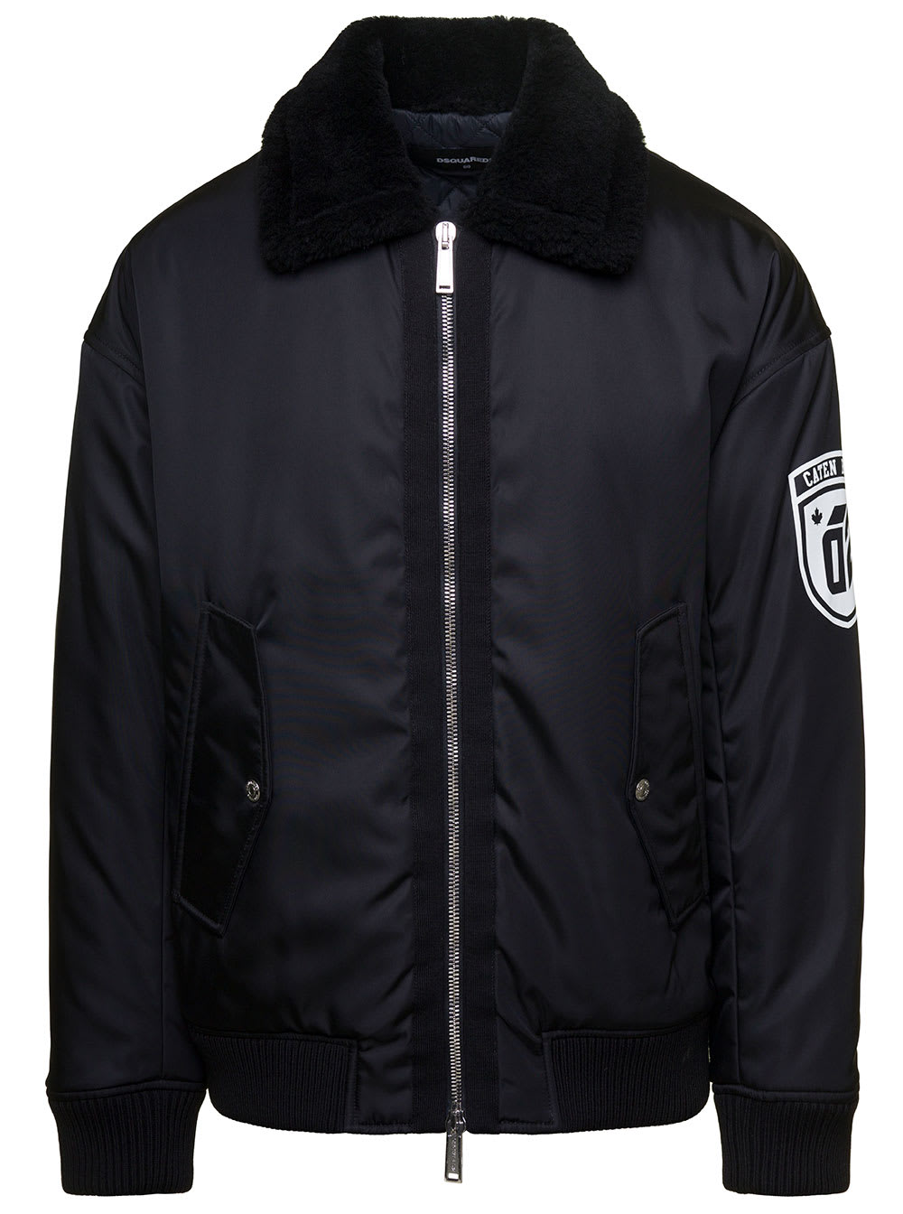 Shop Dsquared2 Ciprus Black Bomber Jacket With Contrasting Logo Patch And Print In Nylon Man