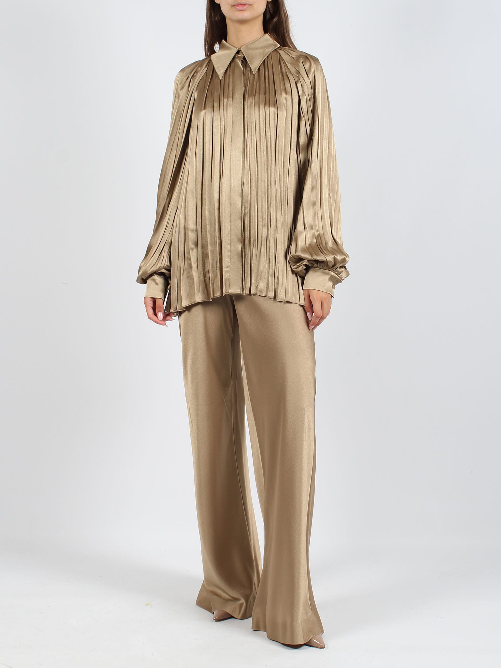 Shop Alberta Ferretti Satin Pleated Shirt In Light Brown