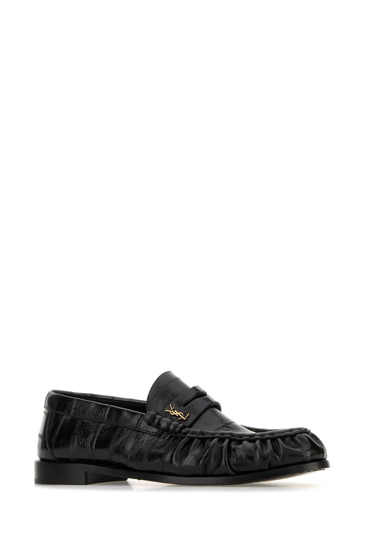 Saint Laurent Round Toe Leather Loafers With Textured Finish In Black