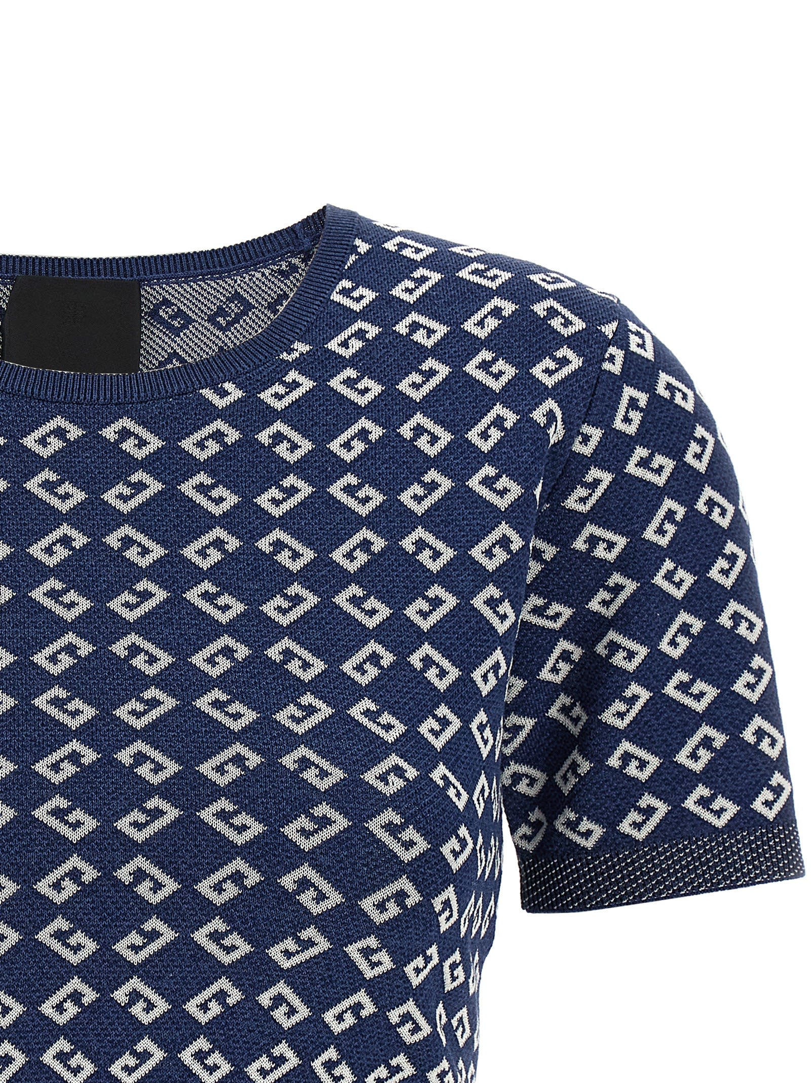Givenchy Short Sleeve Crew Neck Geometric Pattern Top In Denim Blue