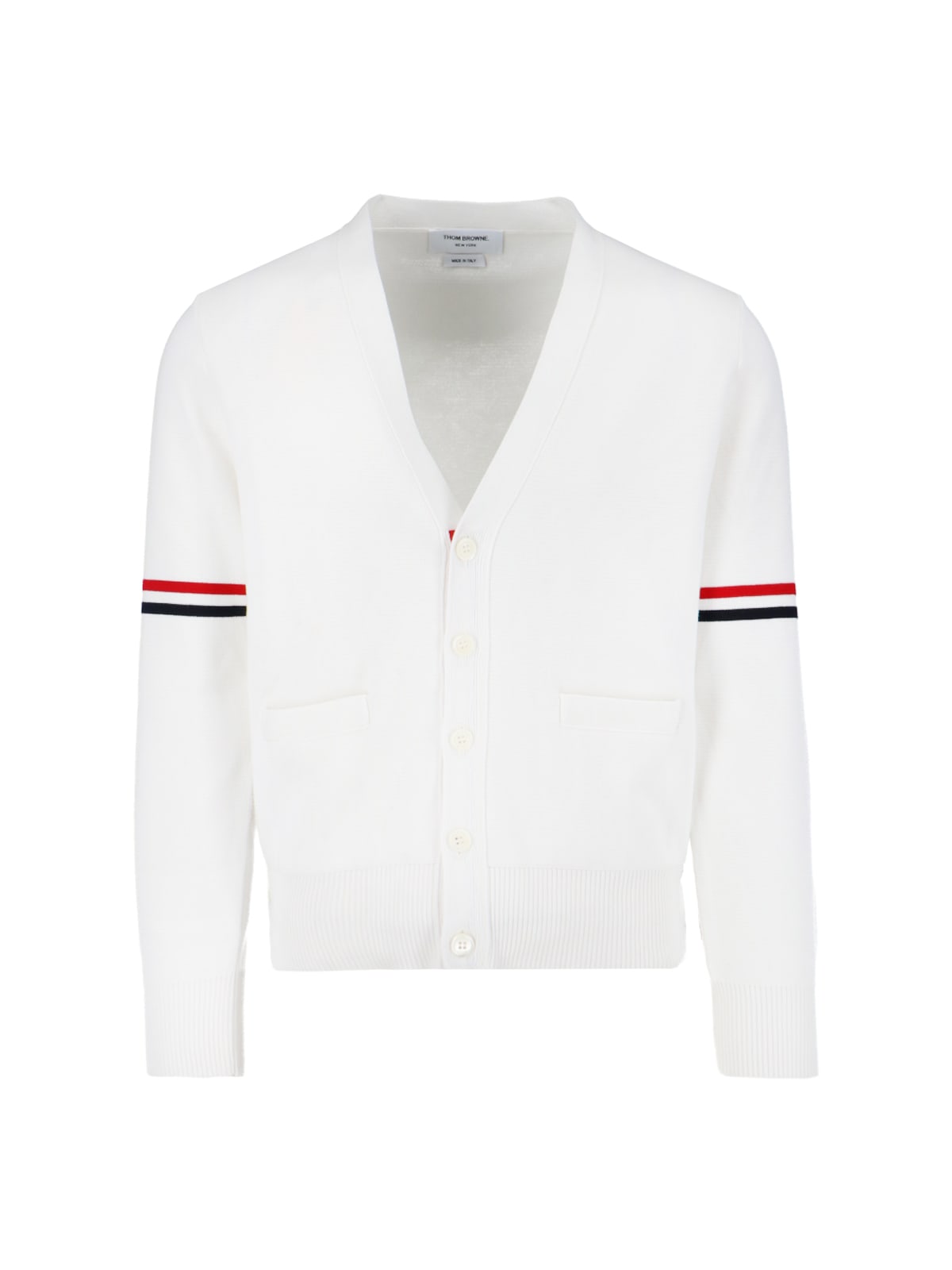 Shop Thom Browne Tricolor Detail Cardigan In White