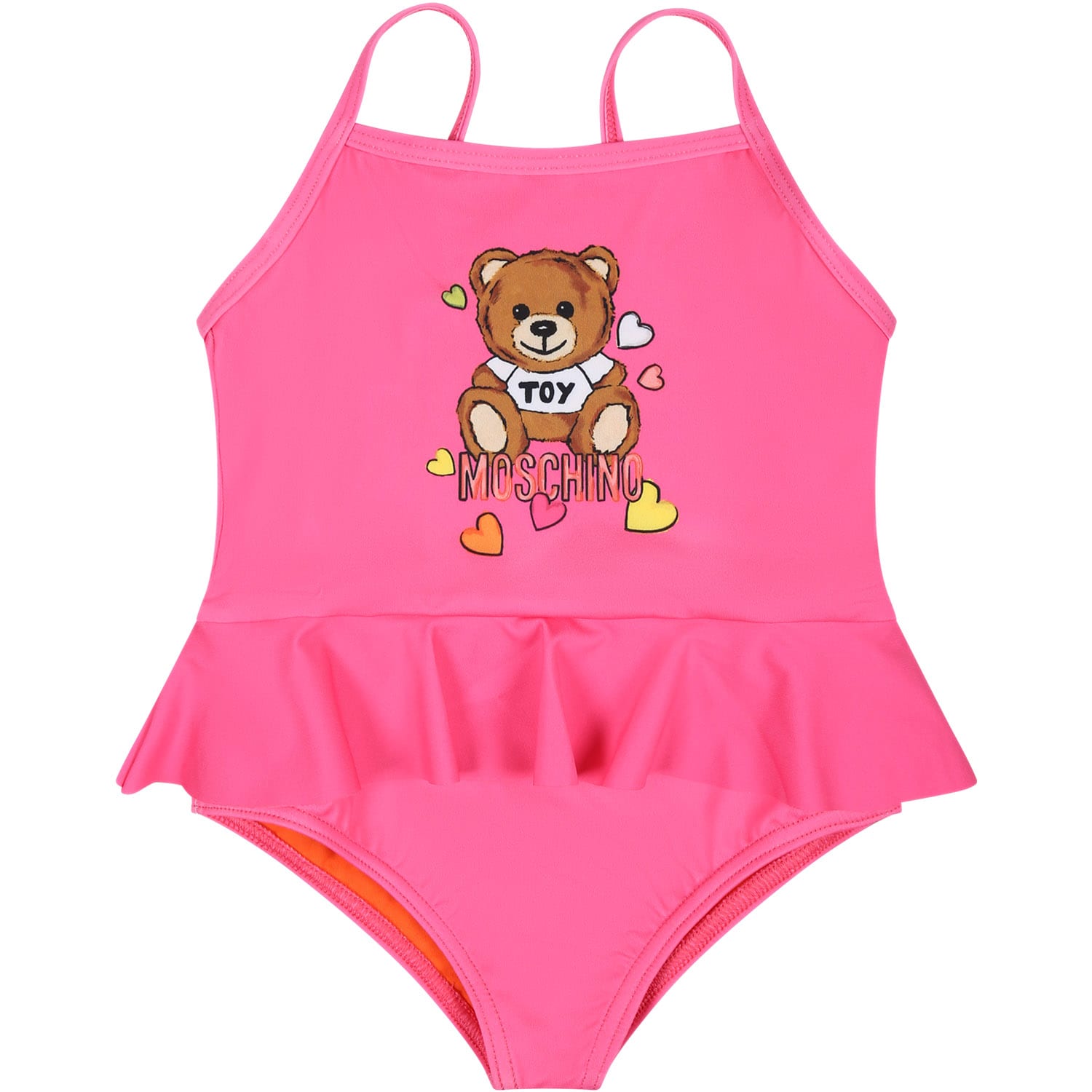 Moschino Fuchsia Swimsuit For Baby Girl With Teddy Bear And Logo