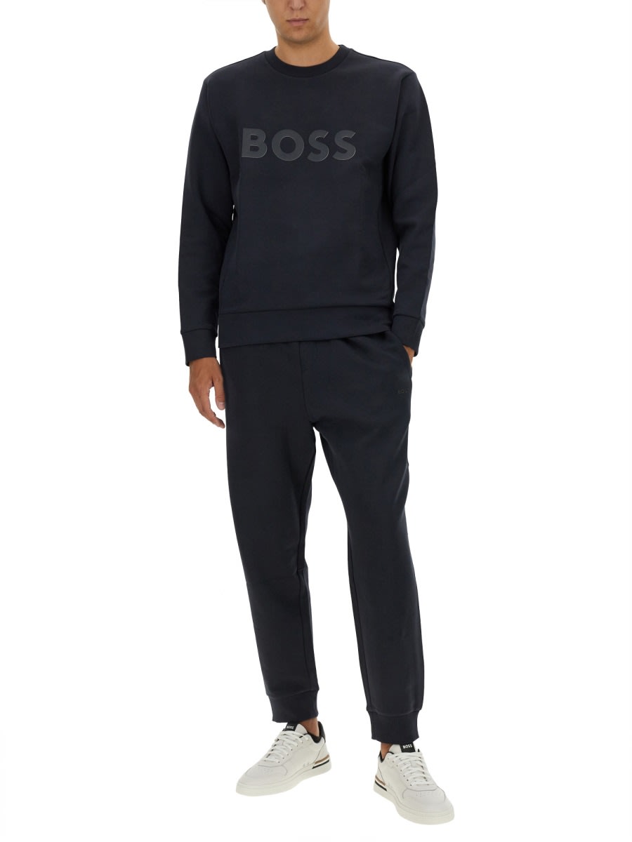 Hugo Boss Stretch-cotton Sweatshirt With Sandwich Logo In Blue