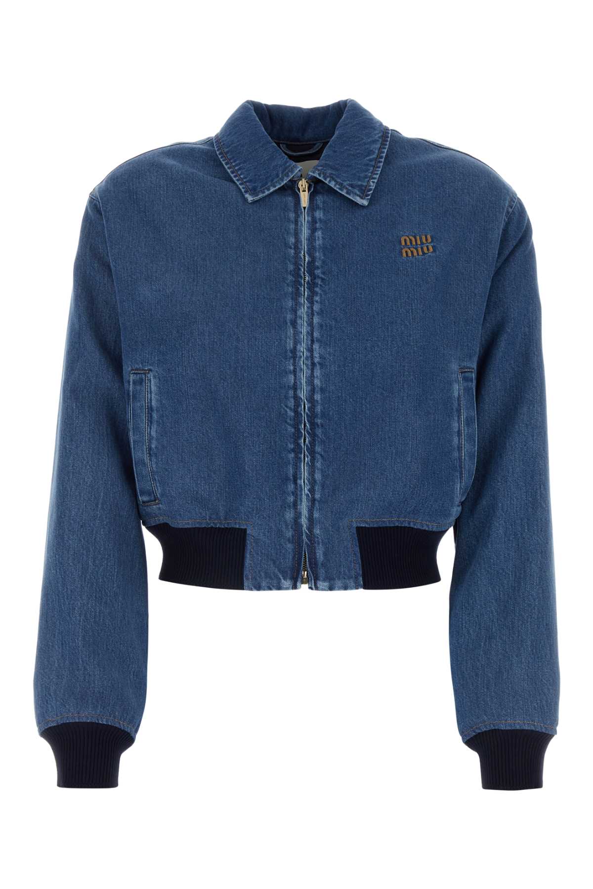 Miu Miu Logo-embroidered Zip-up Denim Jacket In Bleu
