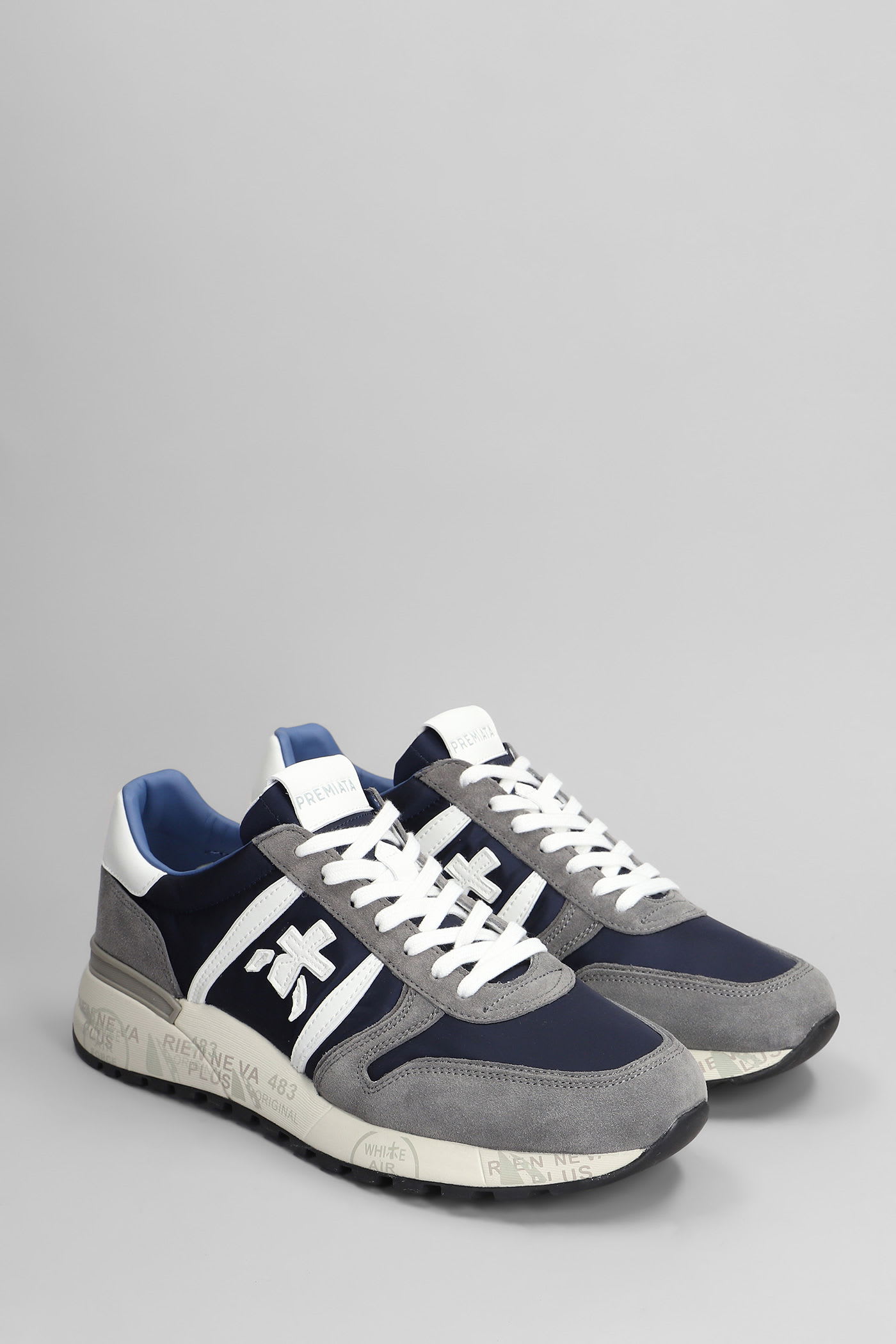 Premiata Lander Sneakers In Blue Suede And Fabric In Multi