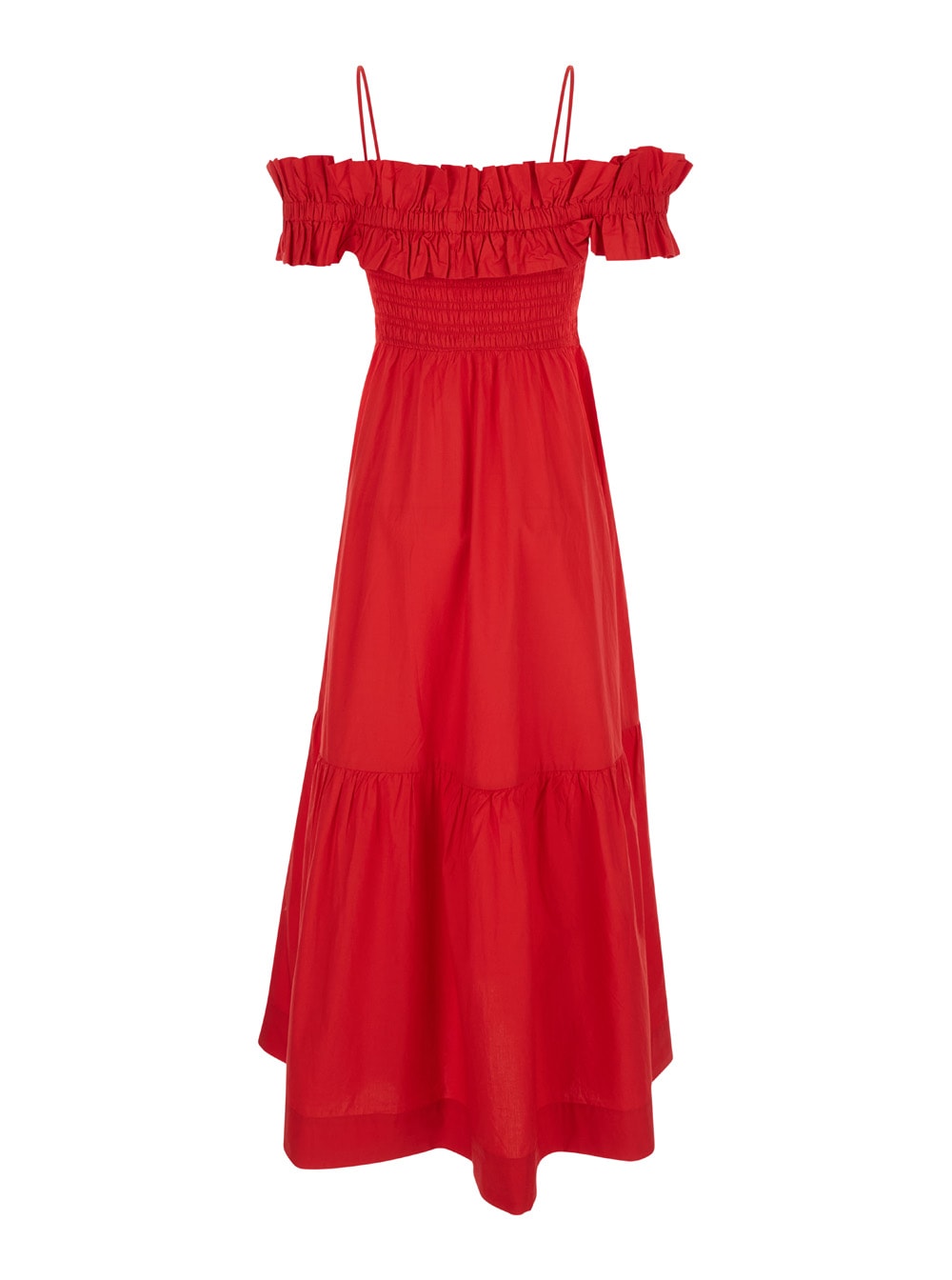 Shop Ganni Cotton Poplin Long Smock Dress In Rosso