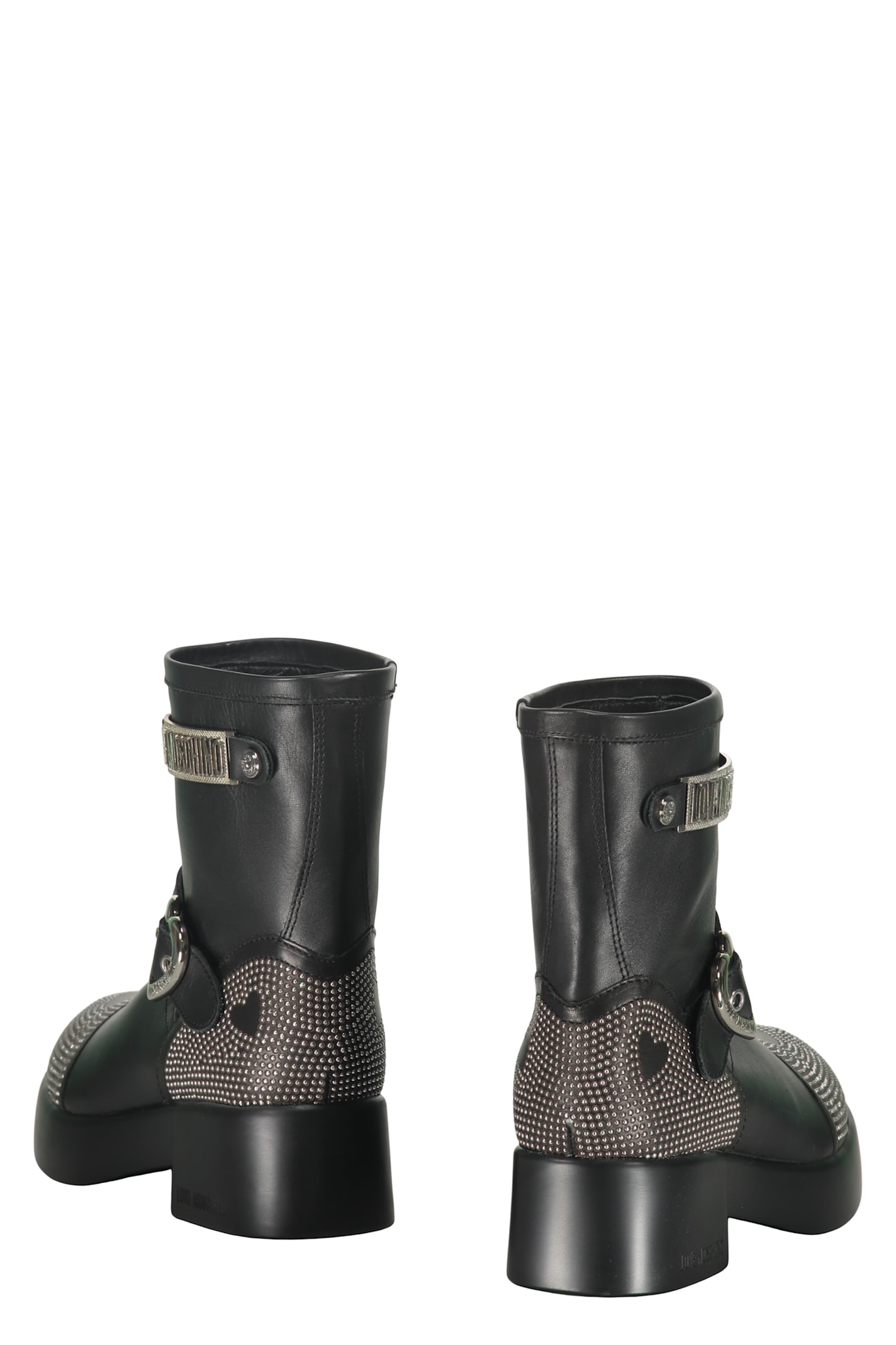 Moschino Buckle-detailed Studded Ankle Boots In Black