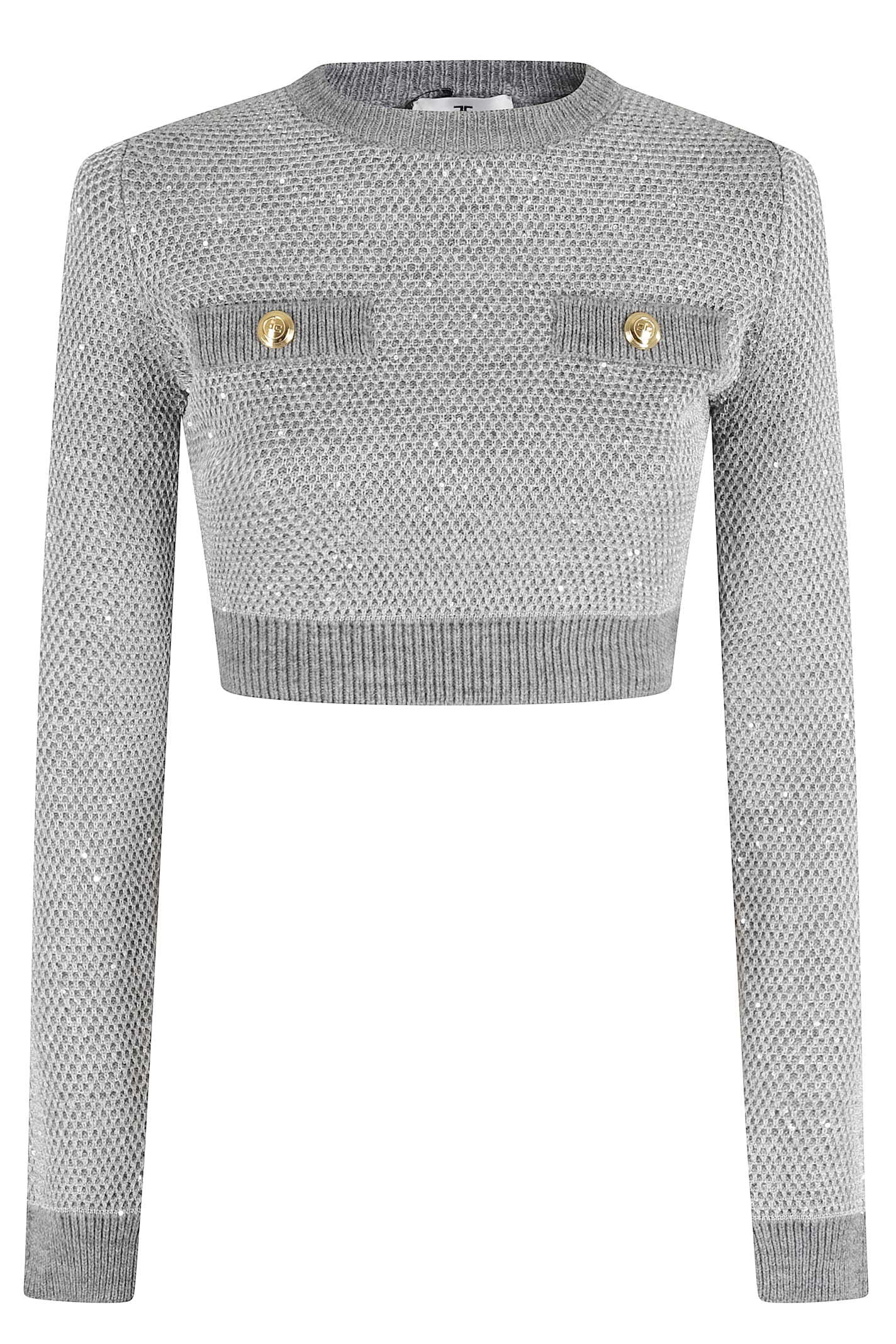 Elisabetta Franchi Cropped Grey Melange Sequin Sweater With Jewel Buttons In Gray
