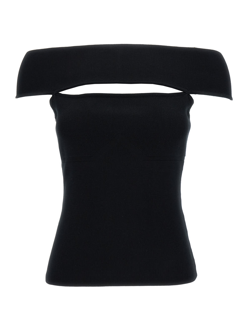 Black Off-shoulder Top With Cut-out In Ribbed Viscose Blend Woman