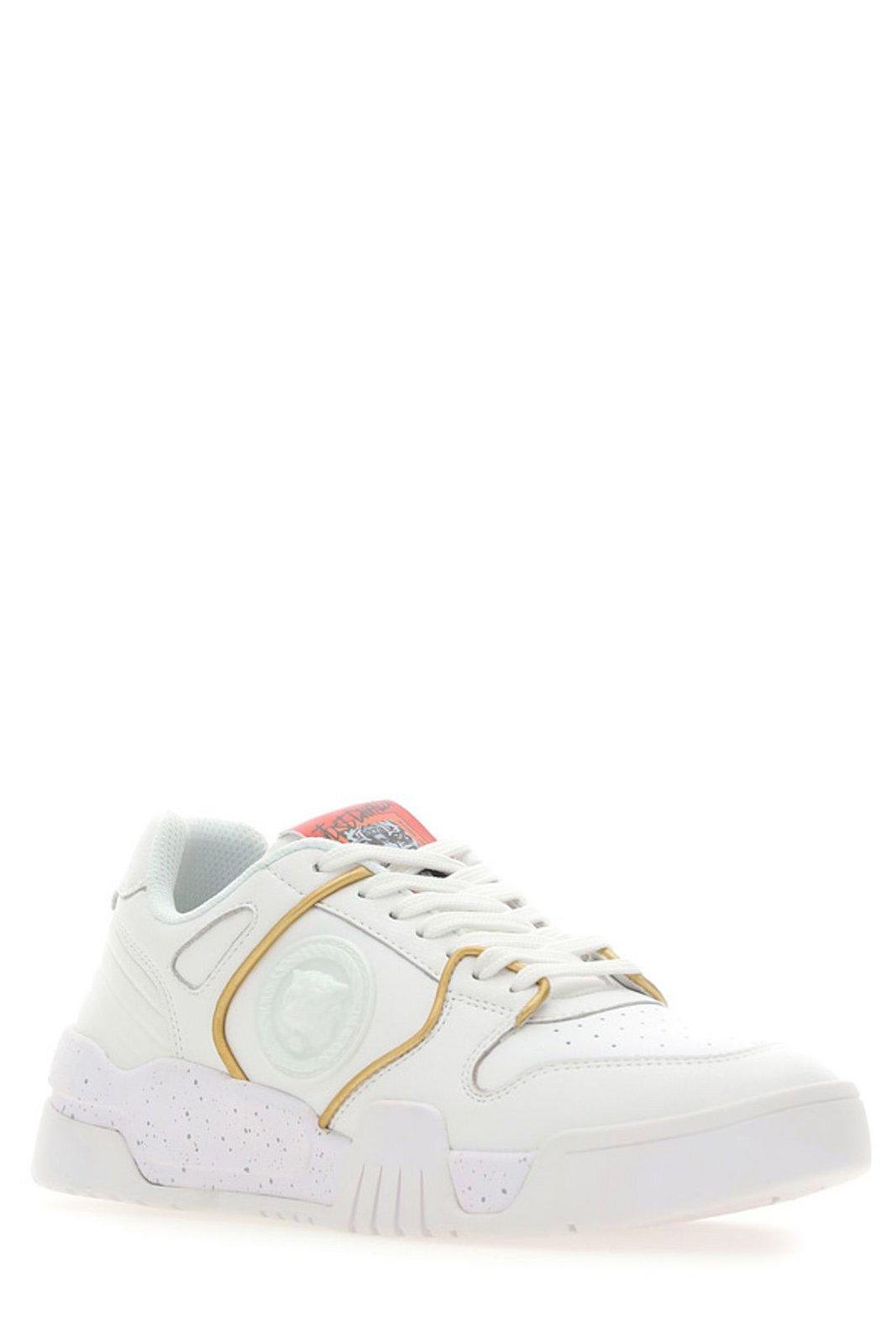 Just Cavalli Tiger Head-motif Leather Sneakers In White