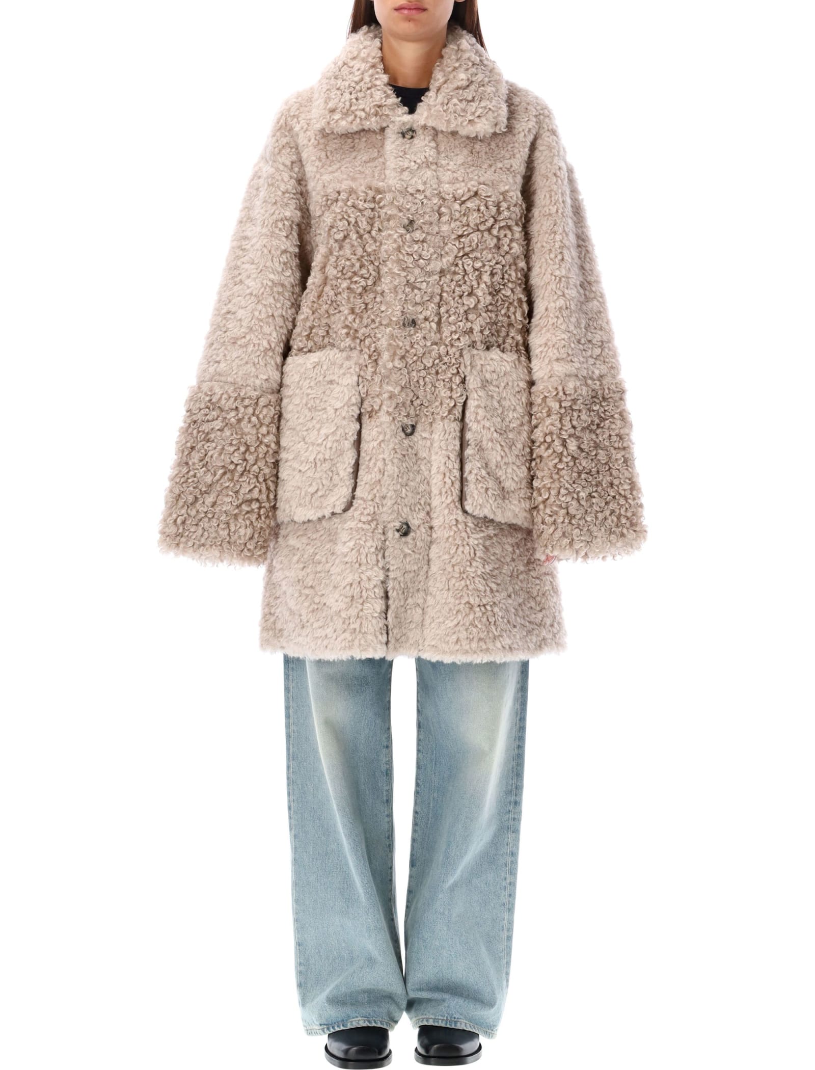 Shop Urbancode Reversible Medium Shearling Peacot In Taupe